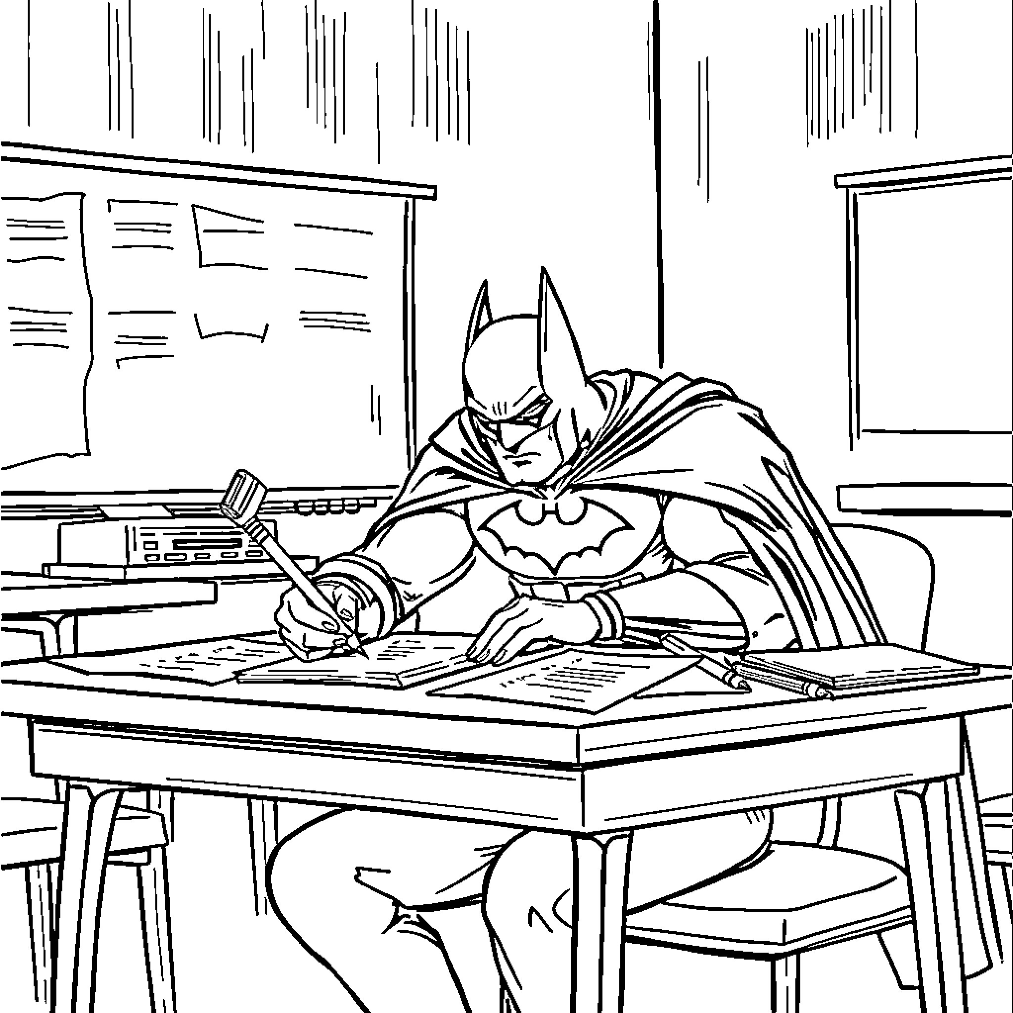 Batman working diligently at his desk Coloring Page (free black-and-white line drawing printable PDF for all, from beginners to advanced learners, including children, teens, adults, and seniors)
