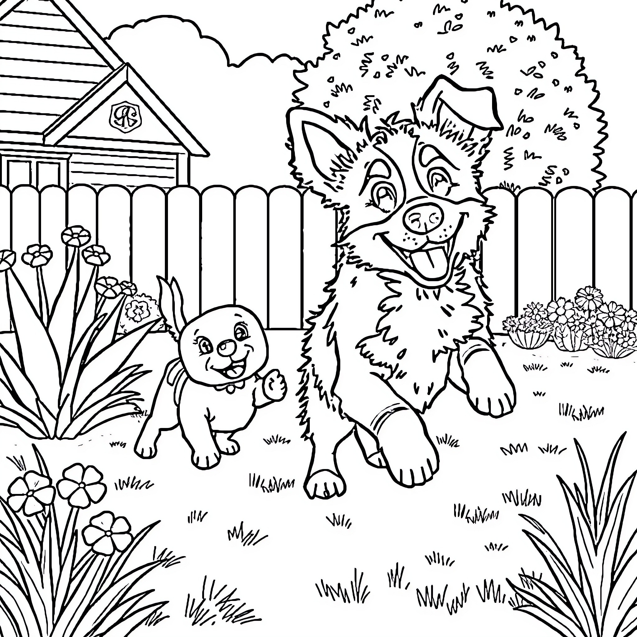 Bluey and Her Puppy Friend Explore the Backyard Coloring Page (free black-and-white line drawing printable PDF for all, from beginners to advanced learners, including children, teens, adults, and seniors)