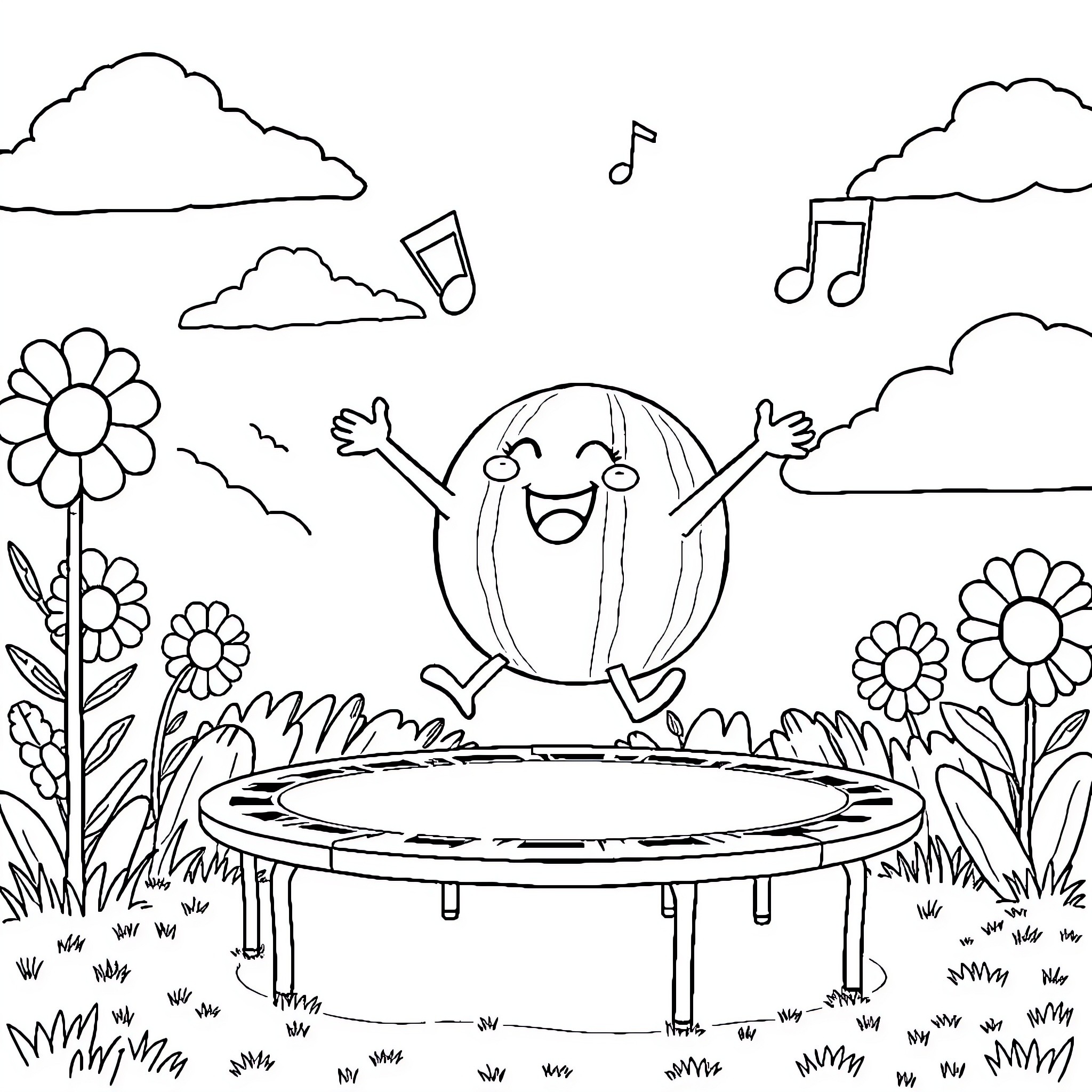 Cocomelon character bouncing happily on trampoline Coloring Page (free black-and-white line drawing printable PDF for all, from beginners to advanced learners, including children, teens, adults, and seniors)