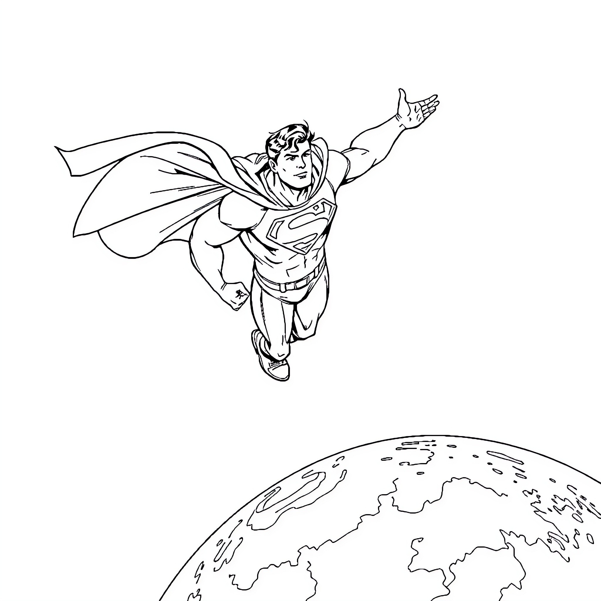 Superman soaring above the Earth Coloring Page (free black-and-white line drawing printable PDF for all, from beginners to advanced learners, including children, teens, adults, and seniors)
