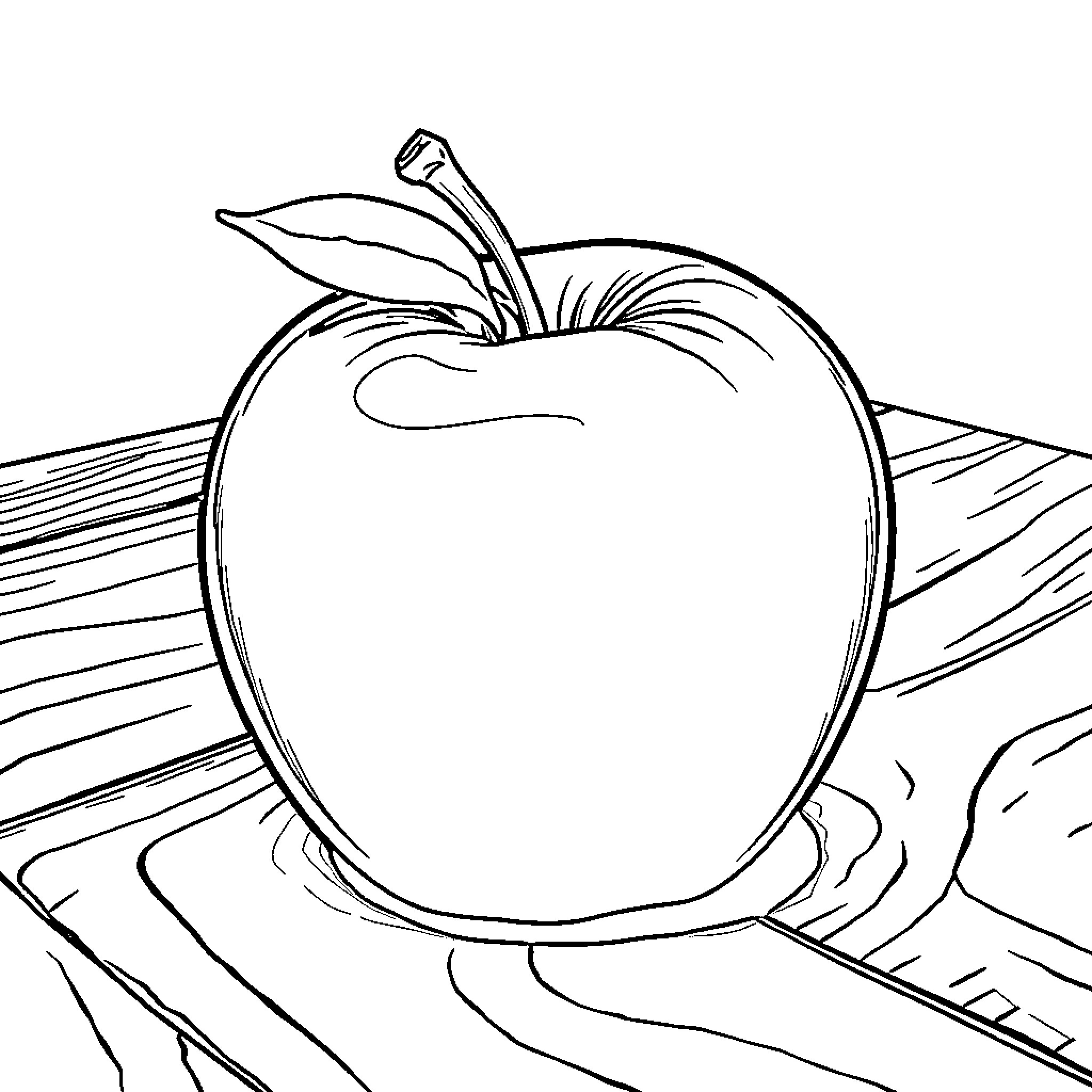 Apple on wooden desk Coloring Page (free black-and-white line drawing printable PDF for all, from beginners to advanced learners, including children, teens, adults, and seniors)