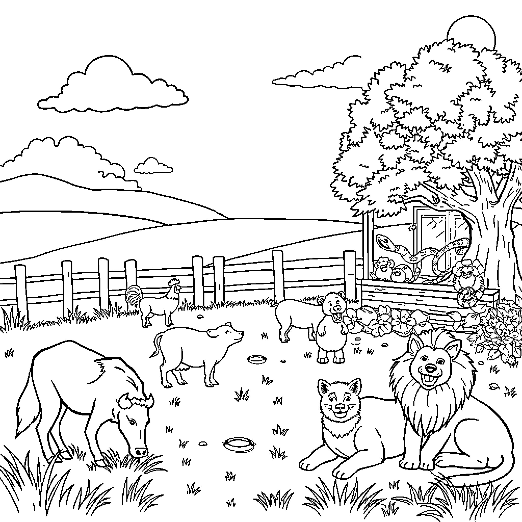 Animal friends gather in a peaceful countryside setting Coloring Page (free black-and-white line drawing printable PDF for all, from beginners to advanced learners, including children, teens, adults, and seniors)