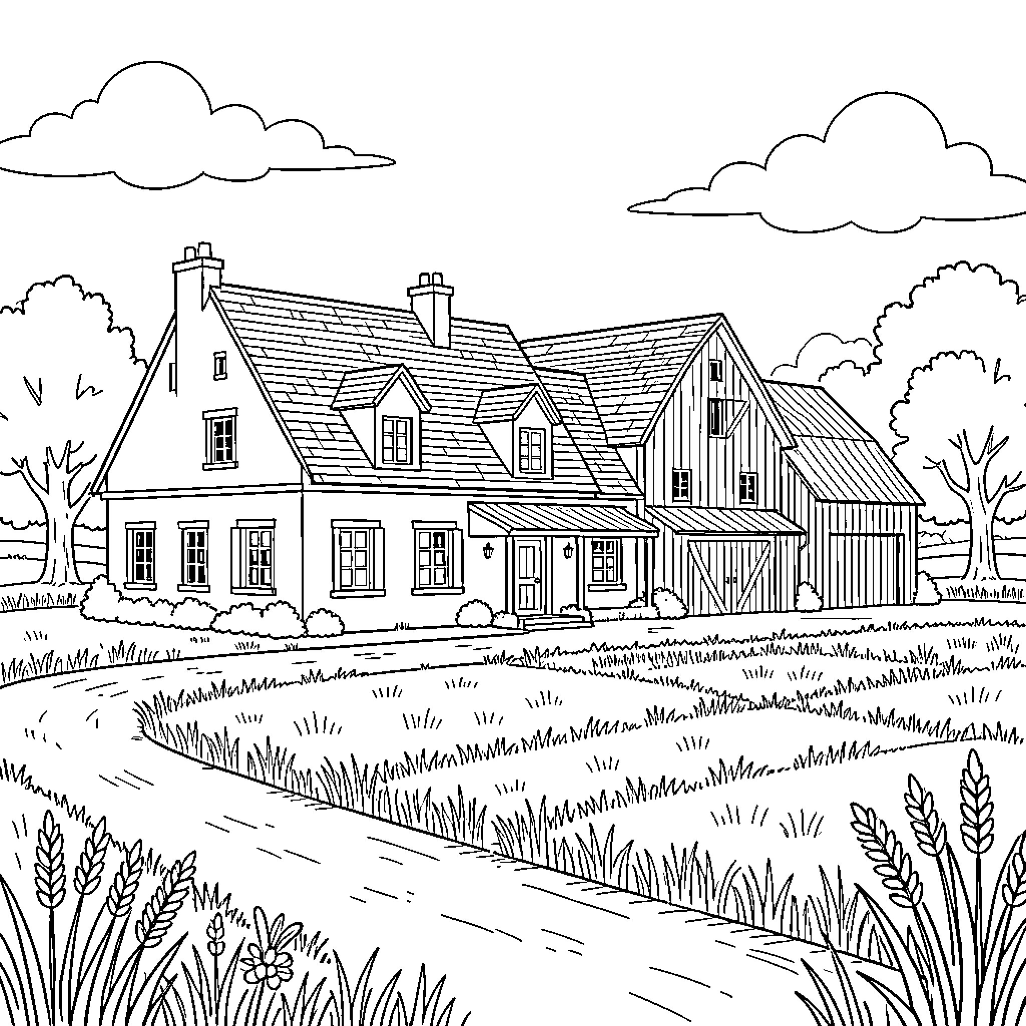 House on a Quiet Country Road Coloring Page (free black-and-white line drawing printable PDF for all, from beginners to advanced learners, including children, teens, adults, and seniors)