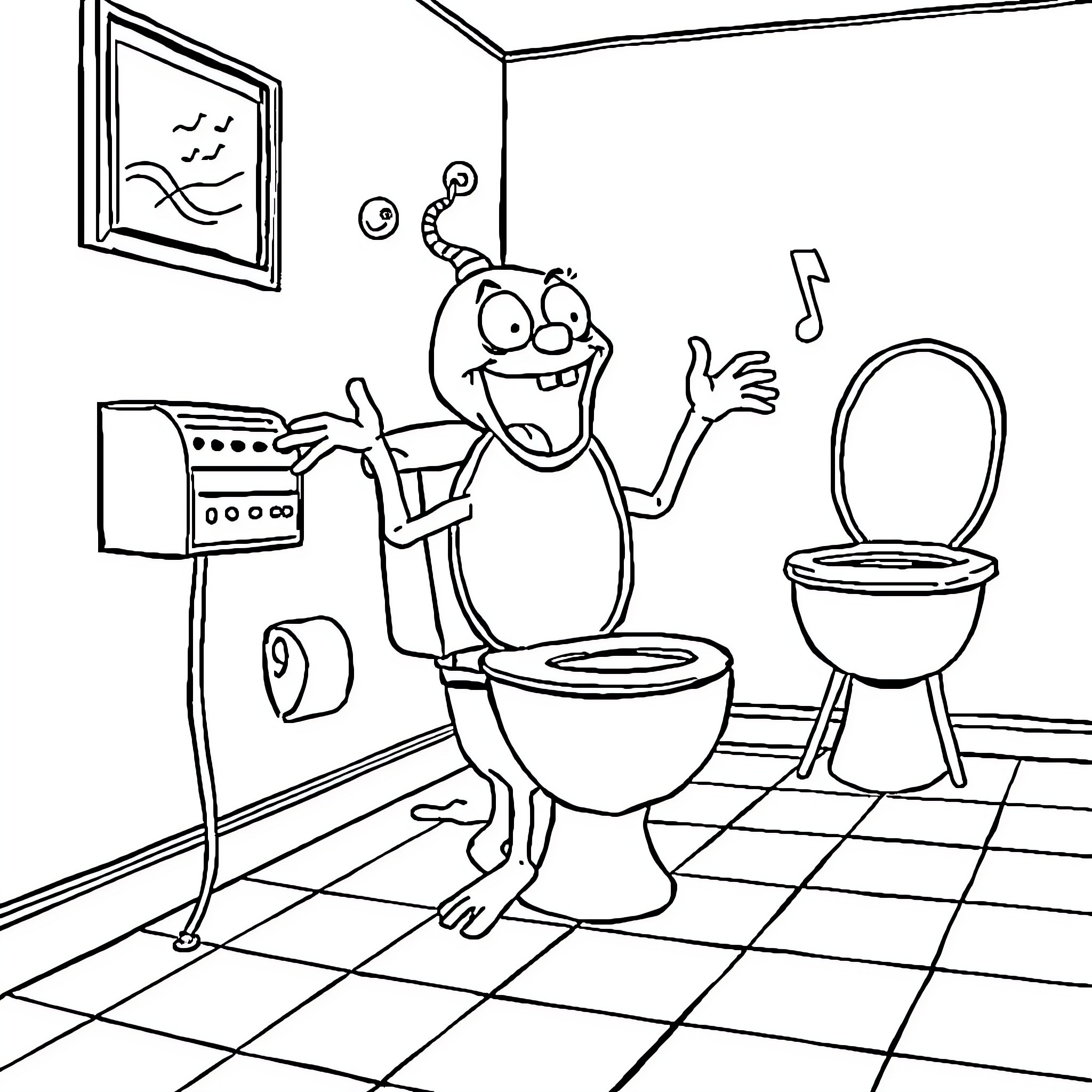 Skibidi Toilet: Comical character dancing in bathroom Coloring Page (free black-and-white line drawing printable PDF for all, from beginners to advanced learners, including children, teens, adults, and seniors)