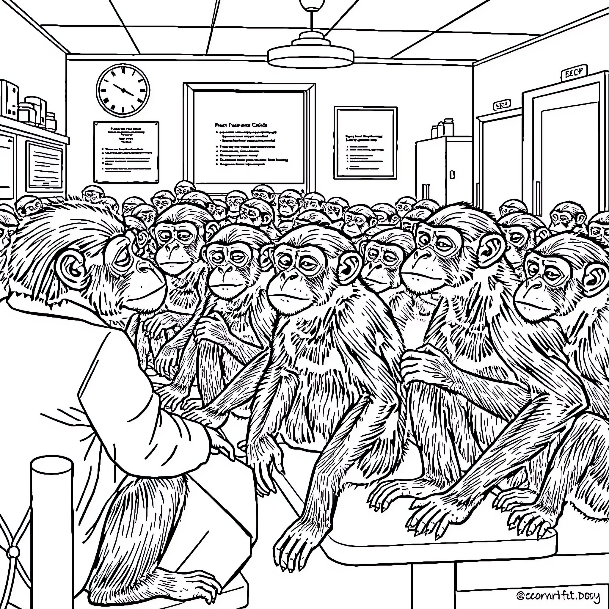 Spider Monkey Chaos in the Office Coloring Page (free black-and-white line drawing printable PDF for all, from beginners to advanced learners, including children, teens, adults, and seniors)