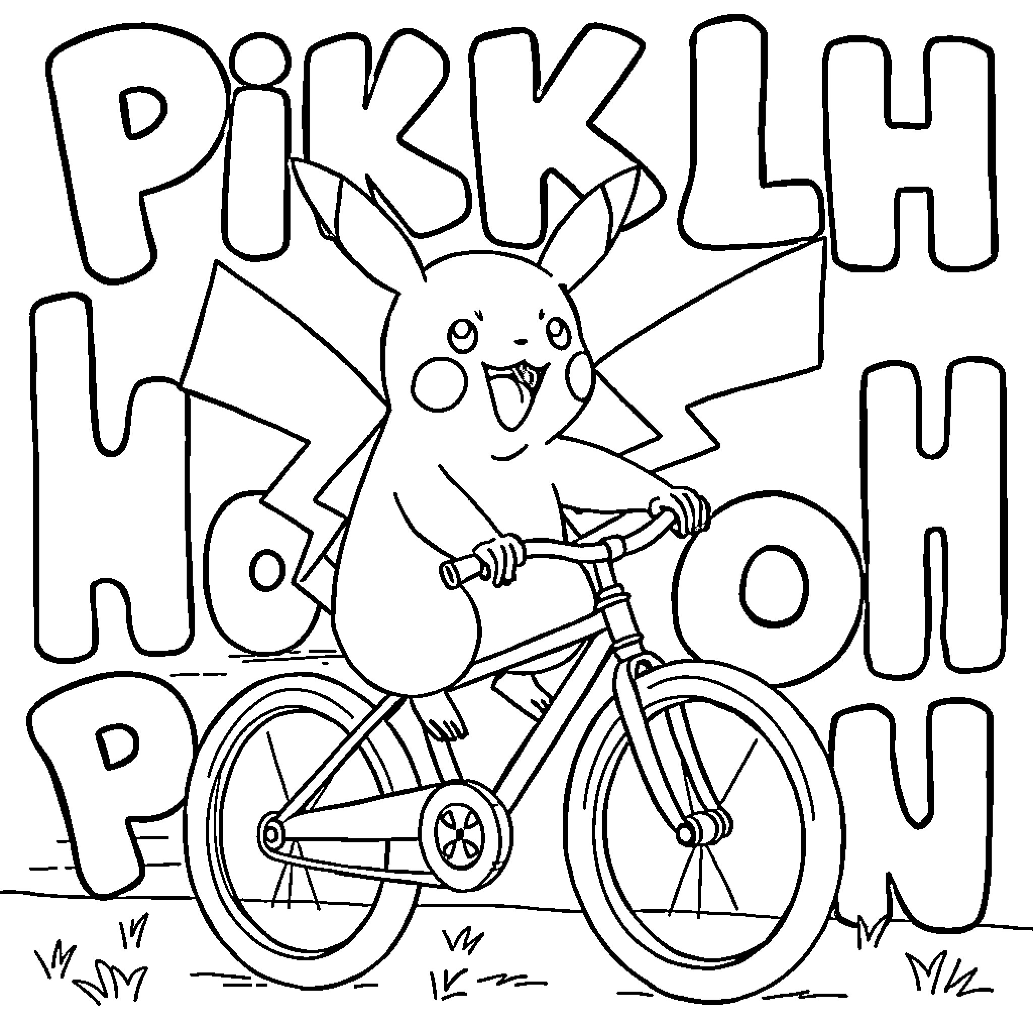 Pikachu enjoying a bicycle ride in the countryside Coloring Page (free black-and-white line drawing printable PDF for all, from beginners to advanced learners, including children, teens, adults, and seniors)