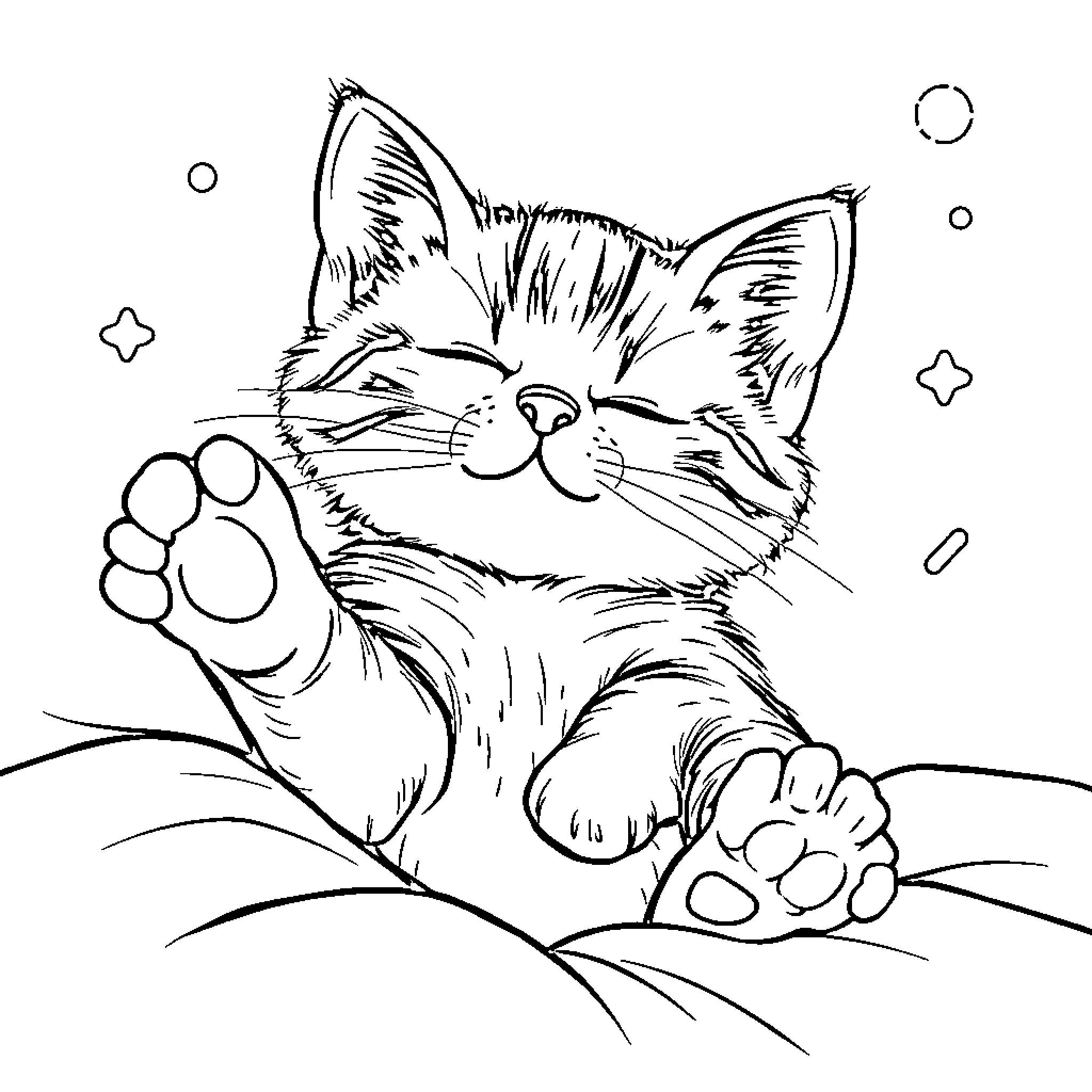 Cat sleeping peacefully in the stars Coloring Page (free black-and-white line drawing printable PDF for all, from beginners to advanced learners, including children, teens, adults, and seniors)