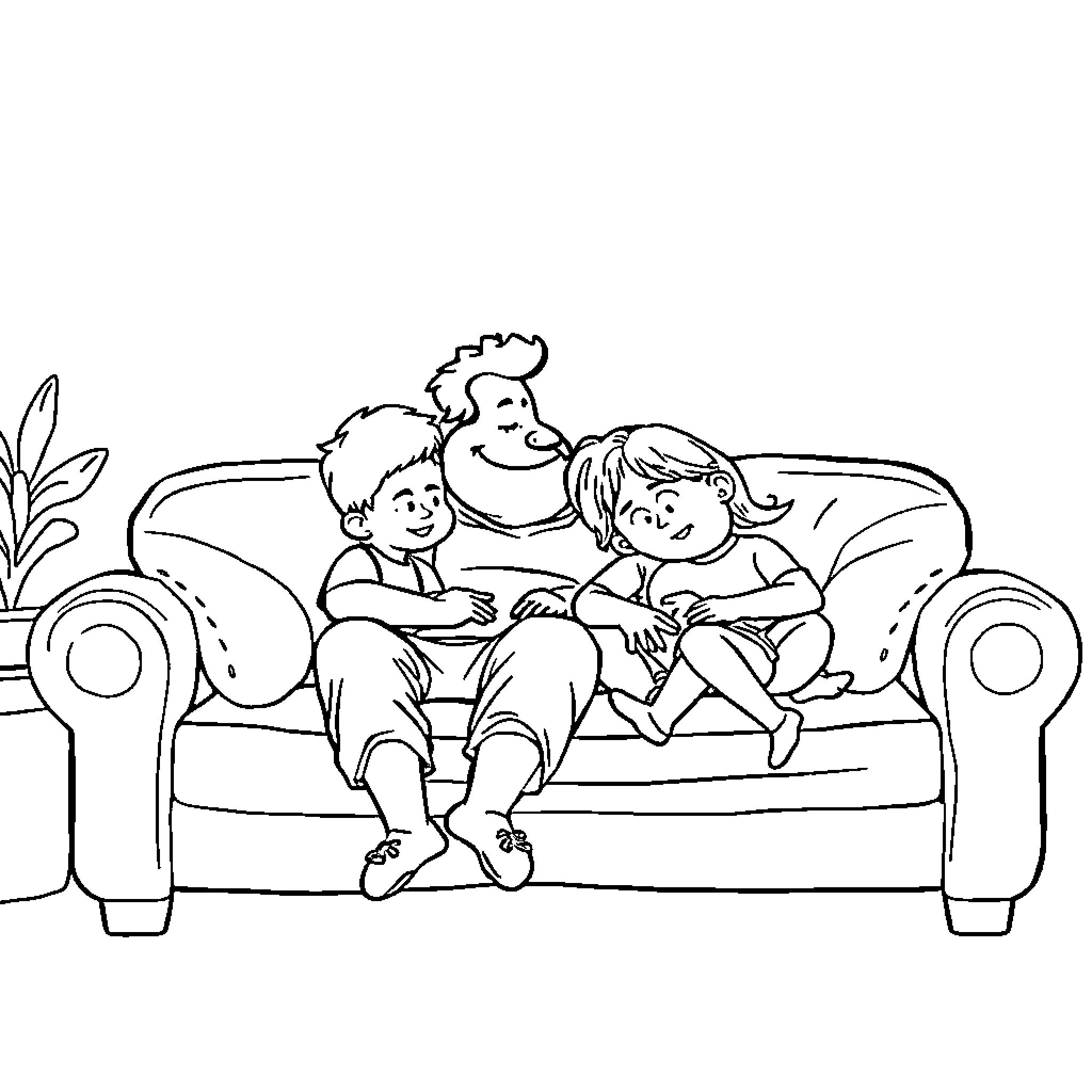 Guason family relaxing on a couch Coloring Page (free black-and-white line drawing printable PDF for all, from beginners to advanced learners, including children, teens, adults, and seniors)