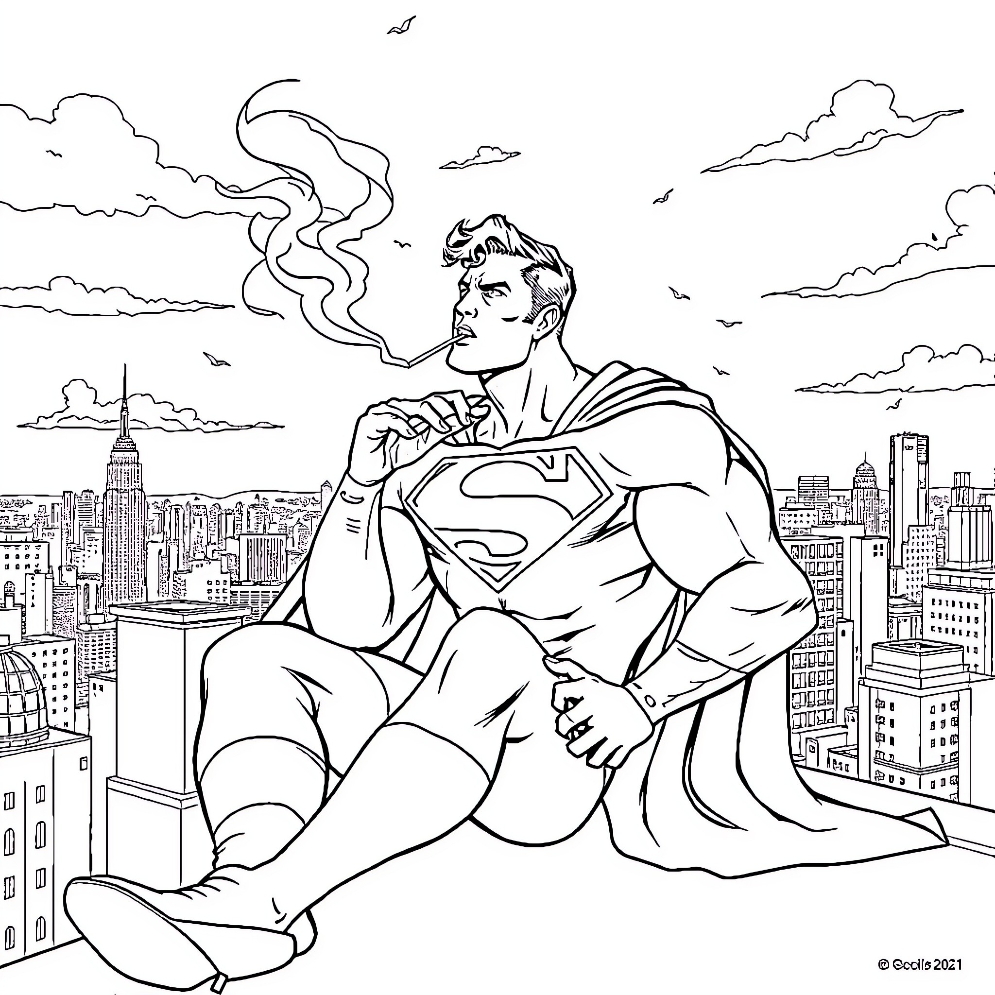 Superman overlooking the city skyline Coloring Page (free black-and-white line drawing printable PDF for all, from beginners to advanced learners, including children, teens, adults, and seniors)