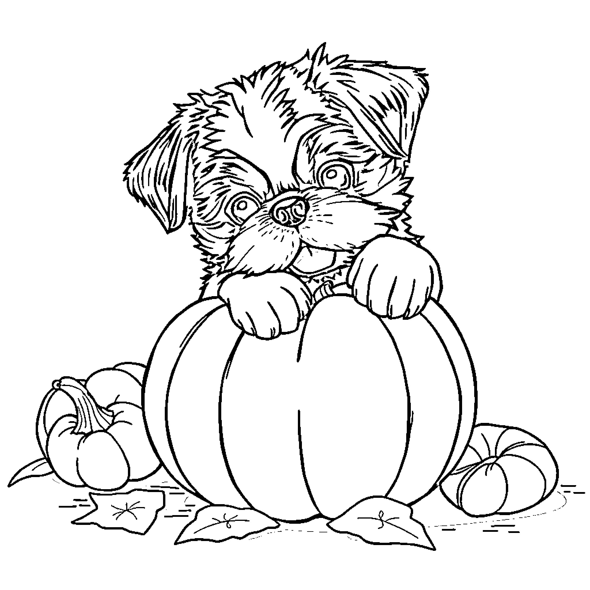 Shih Tzu Puppy Exploring Pumpkins Coloring Page (free black-and-white line drawing printable PDF for all, from beginners to advanced learners, including children, teens, adults, and seniors)