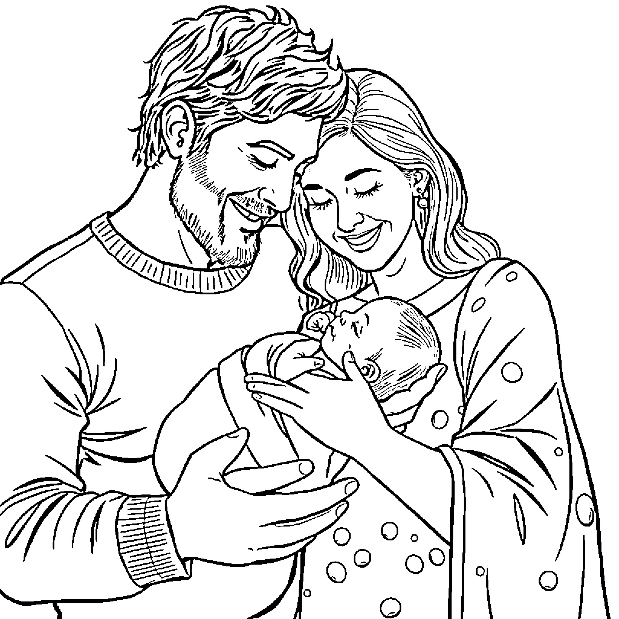 Baby's First Cuddle with Happy Parents Coloring Page (free black-and-white line drawing printable PDF for all, from beginners to advanced learners, including children, teens, adults, and seniors)
