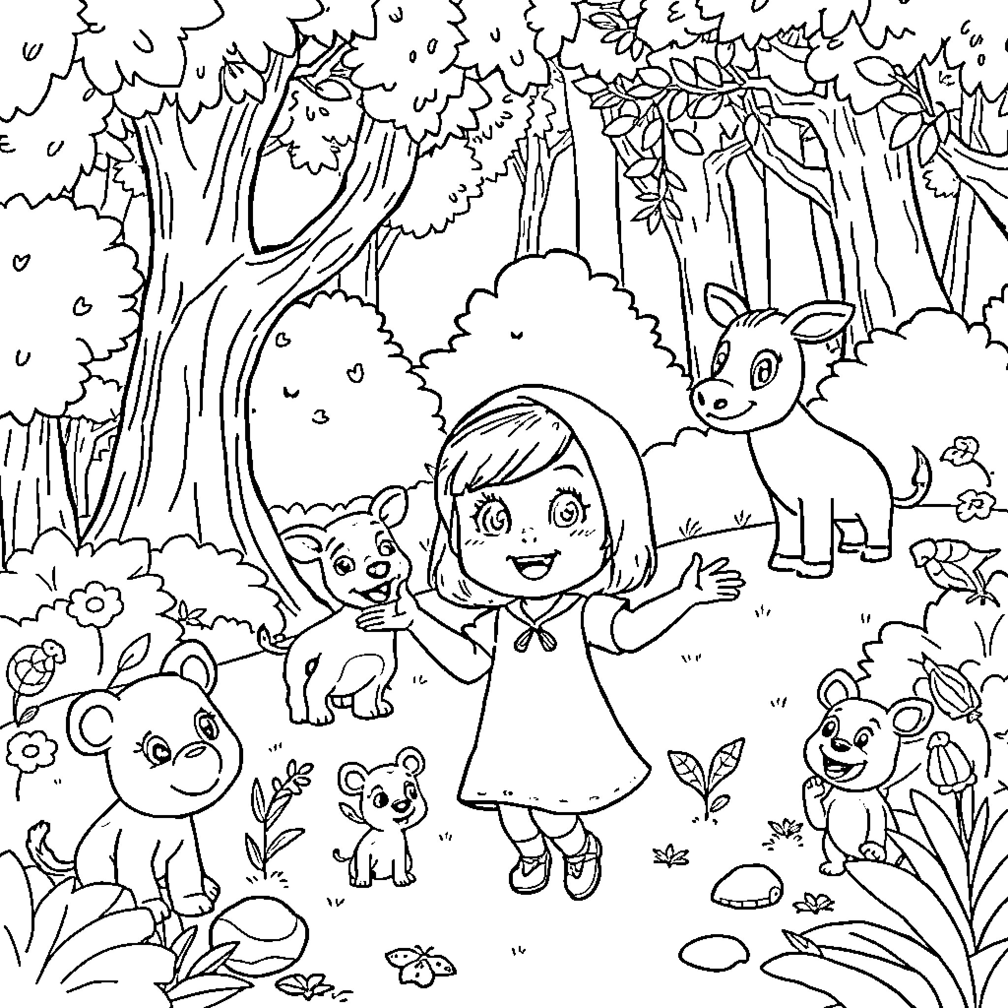 Masha exploring the enchanted forest with animal friends Coloring Page (free black-and-white line drawing printable PDF for all, from beginners to advanced learners, including children, teens, adults, and seniors)