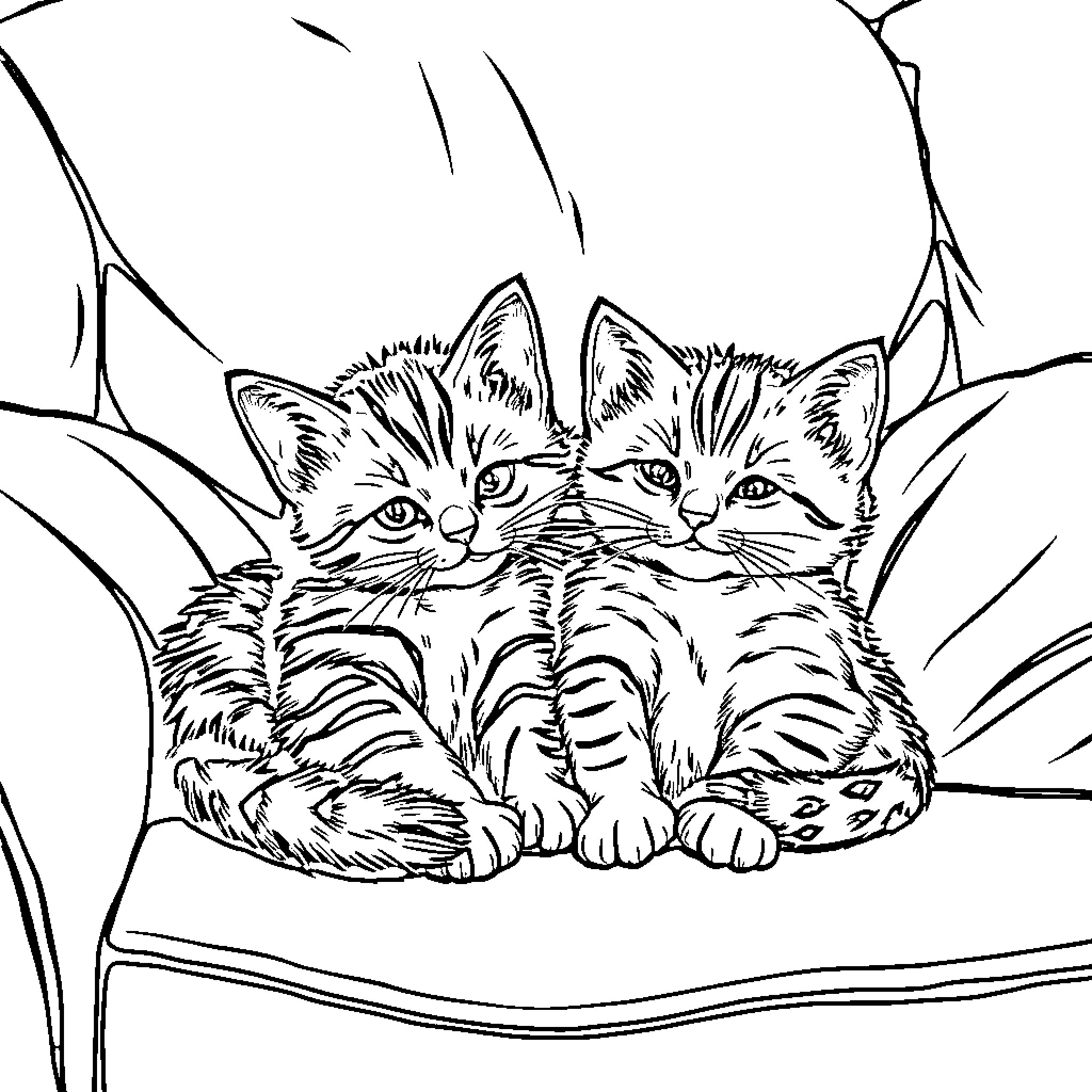Kitty cuties cuddling cozy together Coloring Page (free black-and-white line drawing printable PDF for all, from beginners to advanced learners, including children, teens, adults, and seniors)