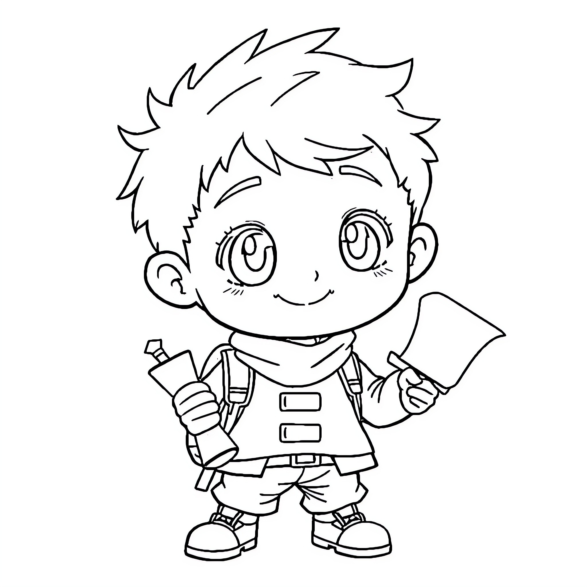 Chibi Boy Smiling Excitedly with Pencil Coloring Page (free black-and-white line drawing printable PDF for all, from beginners to advanced learners, including children, teens, adults, and seniors)
