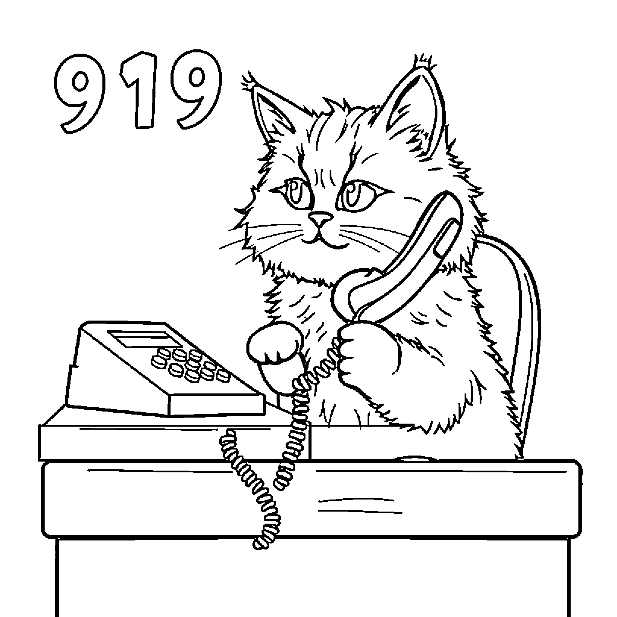 Cat dialing an emergency number on the phone Coloring Page (free black-and-white line drawing printable PDF for all, from beginners to advanced learners, including children, teens, adults, and seniors)