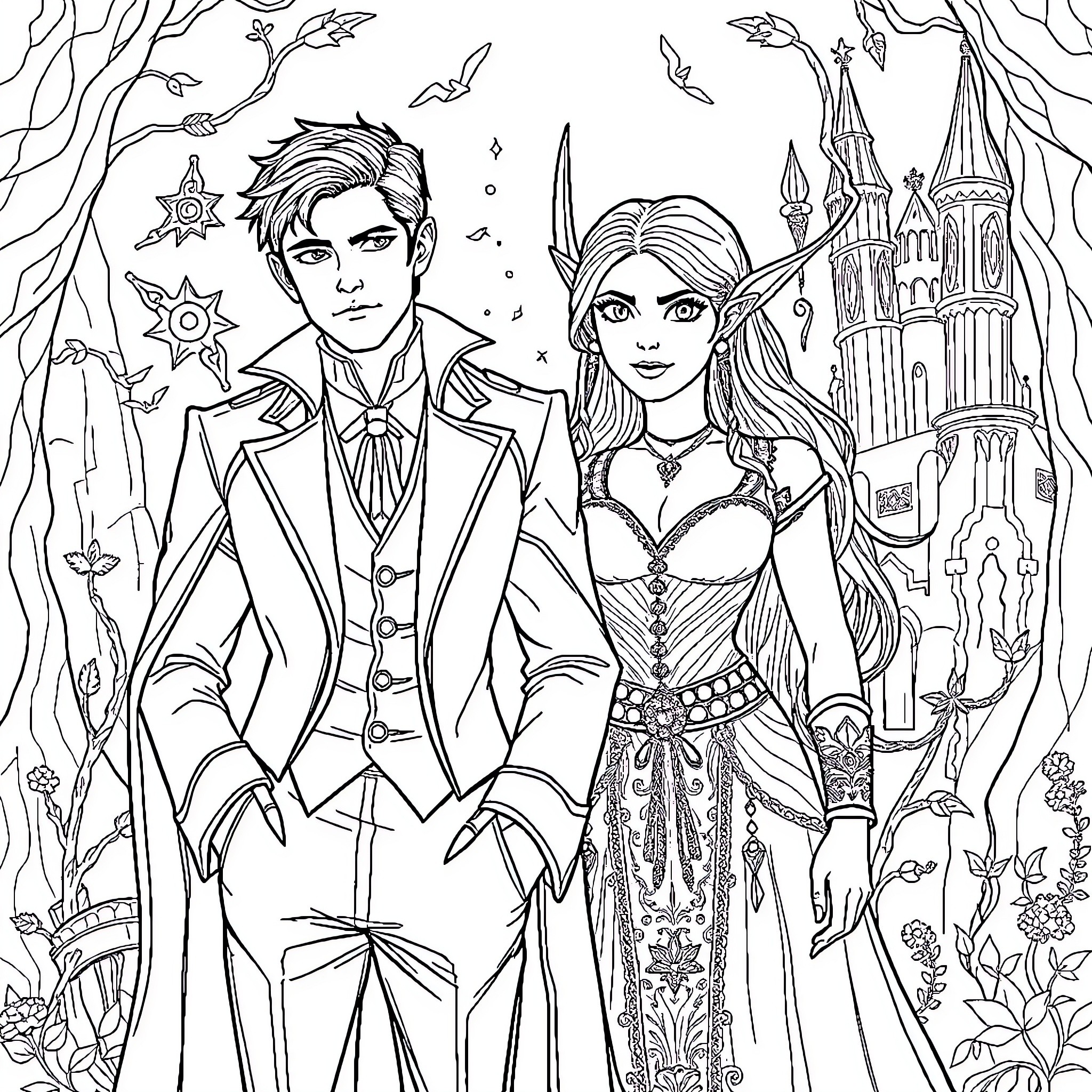 Jude Duarte and Cardan in a fantastical scene Coloring Page (free black-and-white line drawing printable PDF for all, from beginners to advanced learners, including children, teens, adults, and seniors)
