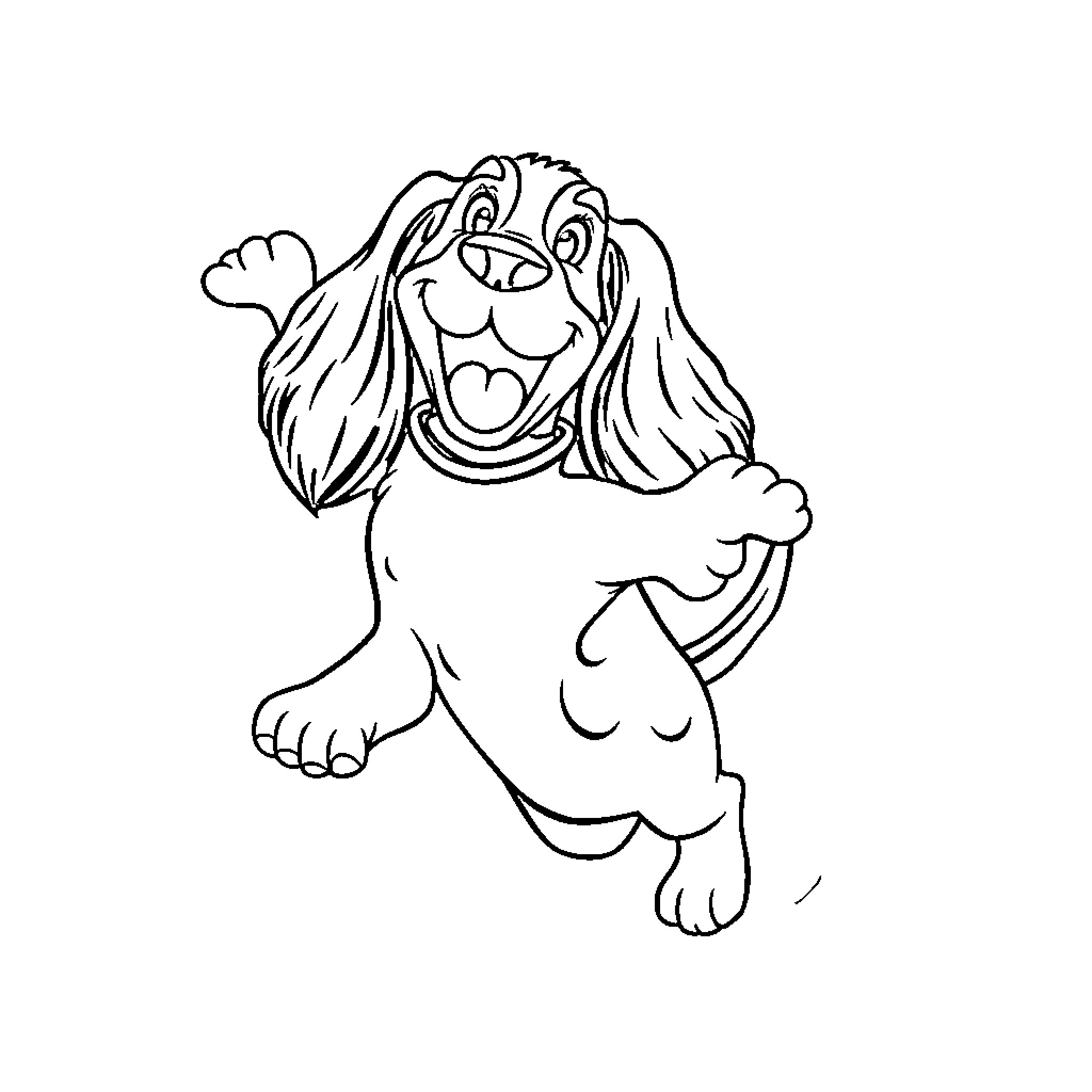 Bassett Hound in playful pose Coloring Page (free black-and-white line drawing printable PDF for all, from beginners to advanced learners, including children, teens, adults, and seniors)