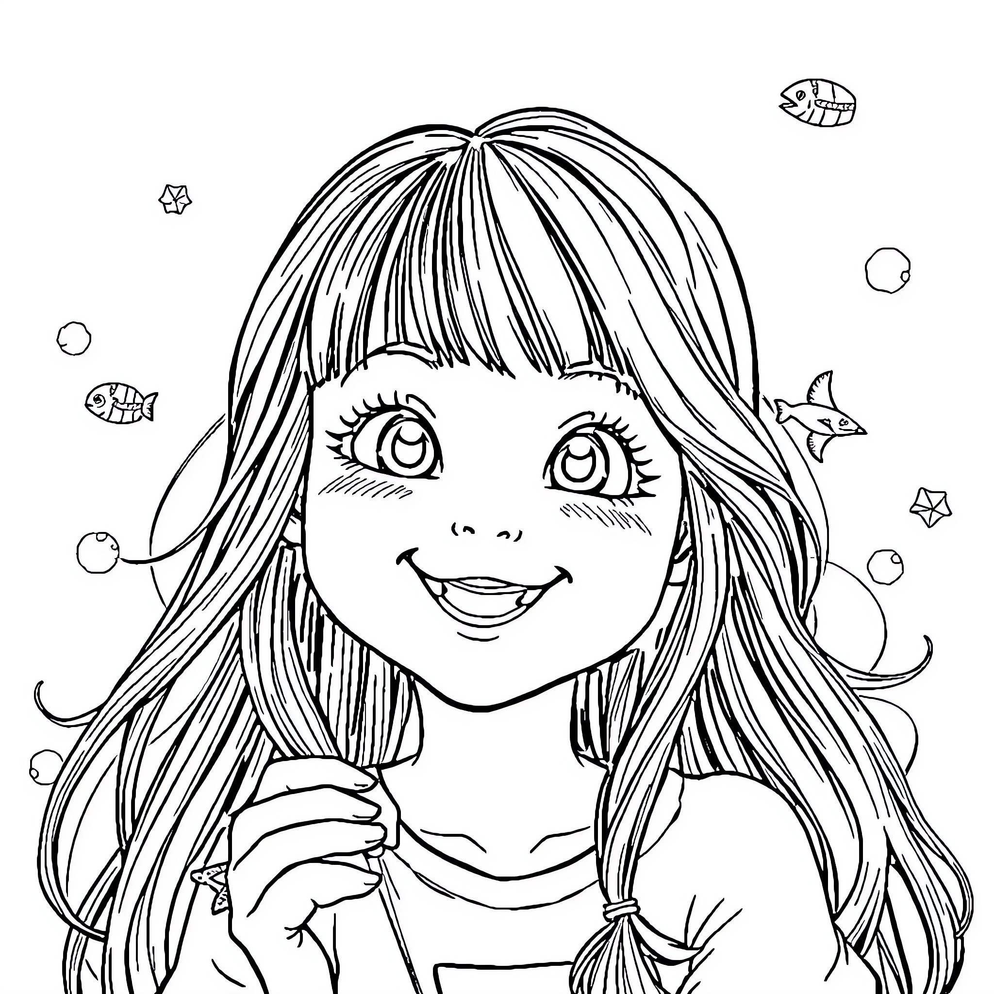 Girl happily playing with bubbles Coloring Page (free black-and-white line drawing printable PDF for all, from beginners to advanced learners, including children, teens, adults, and seniors)