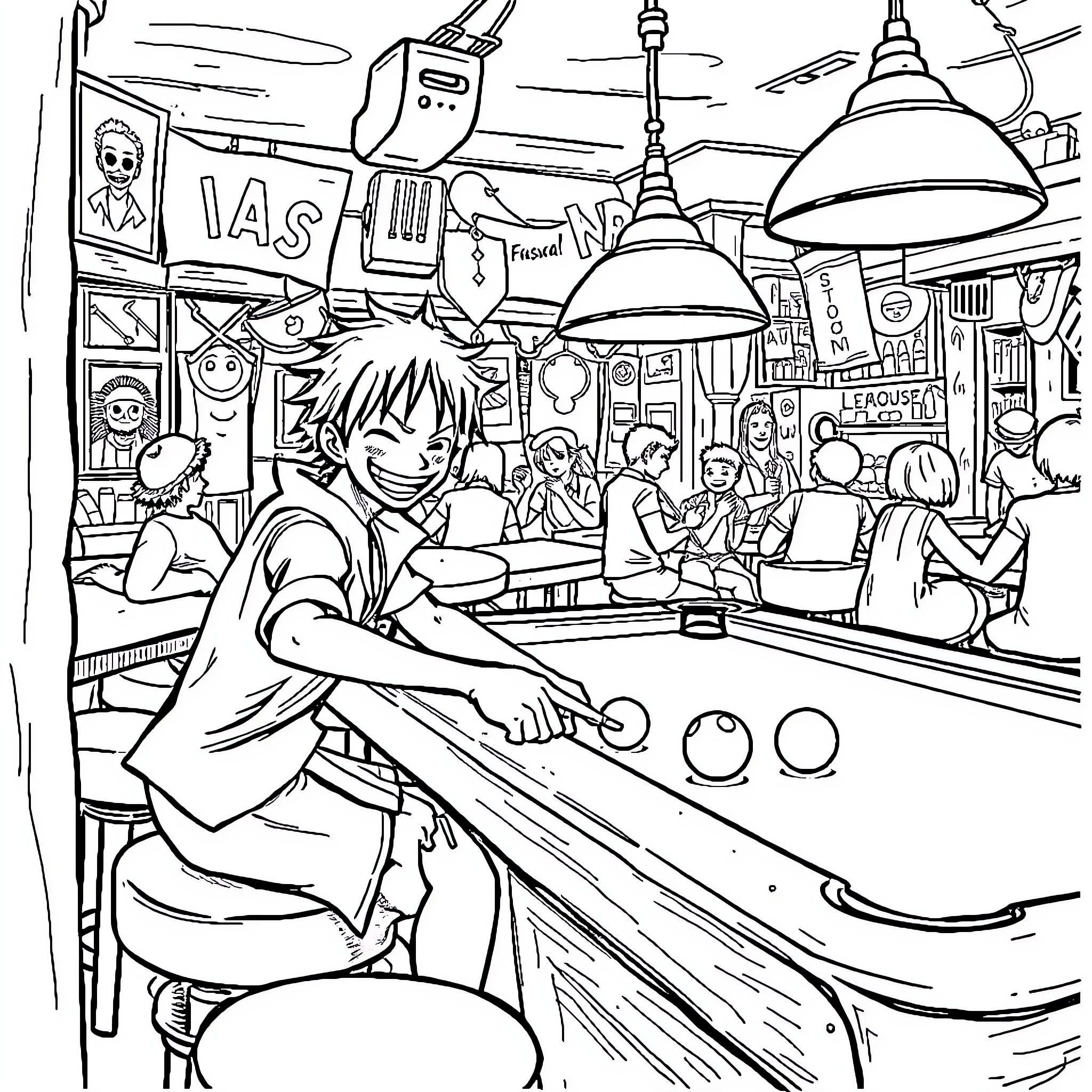 Luffy enjoying a lively restaurant scene Coloring Page (free black-and-white line drawing printable PDF for all, from beginners to advanced learners, including children, teens, adults, and seniors)
