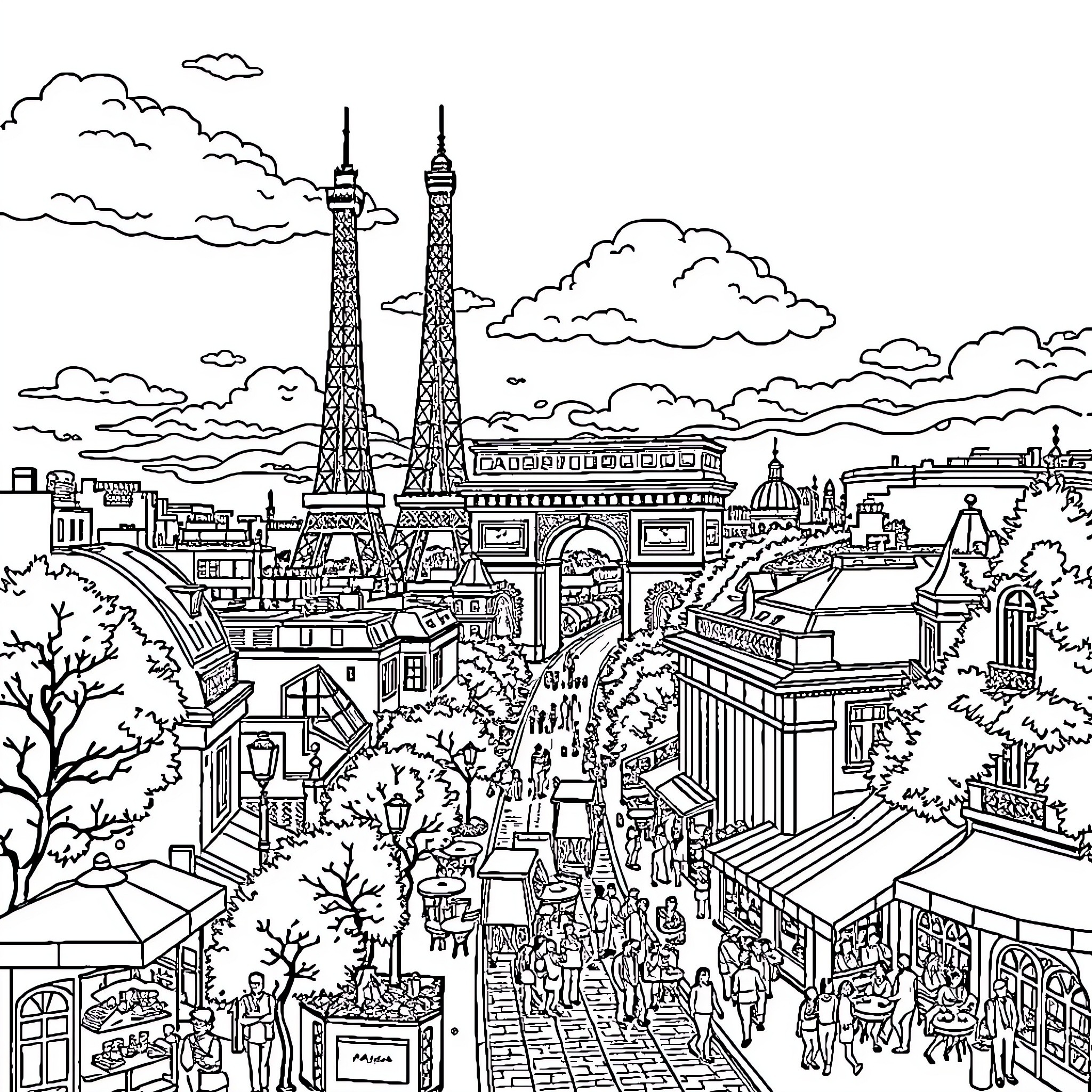 Paris cityscape with bustling streets and iconic landmarks Coloring Page (free black-and-white line drawing printable PDF for all, from beginners to advanced learners, including children, teens, adults, and seniors)
