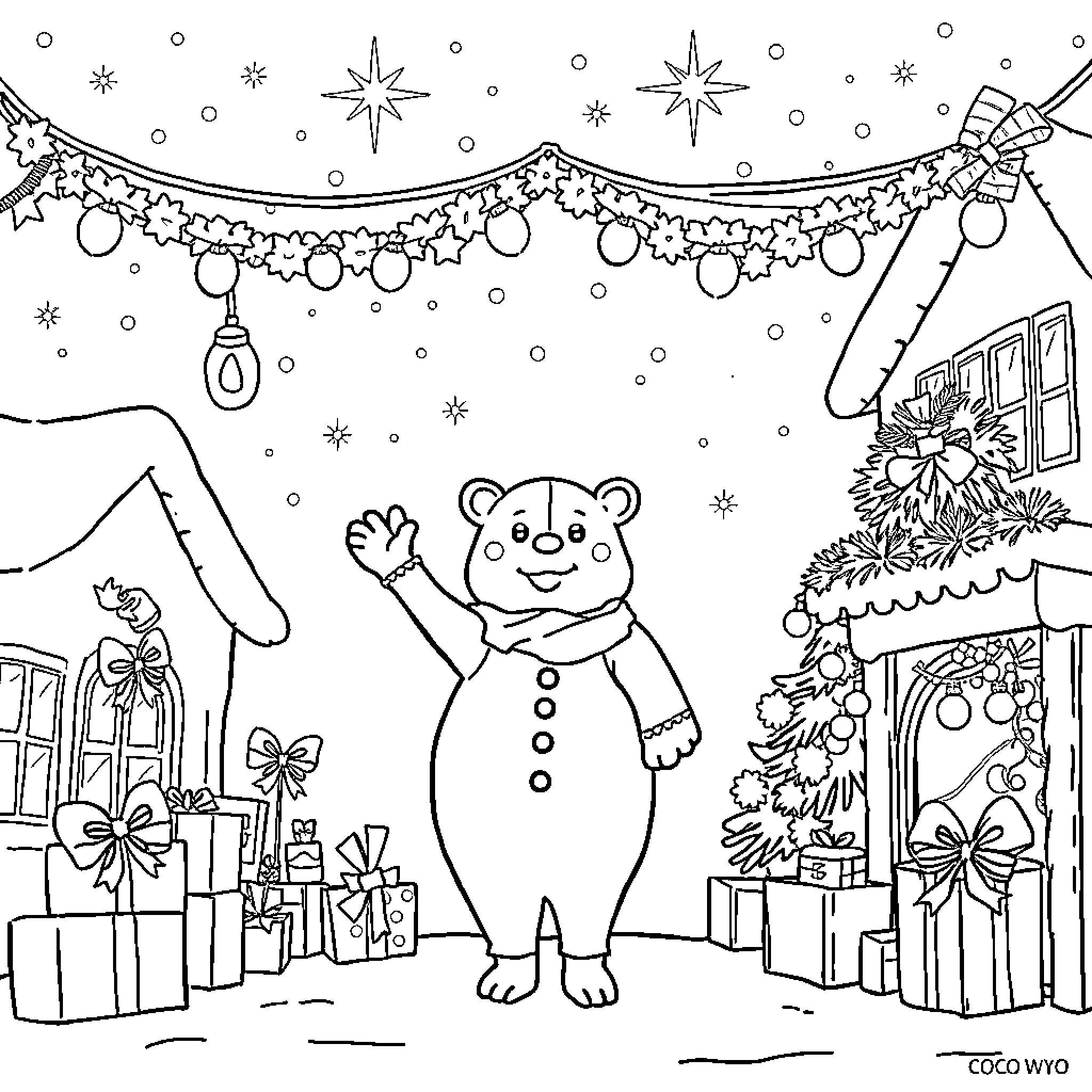Coco's Festive Winter Wonderland Coloring Page (free black-and-white line drawing printable PDF for all, from beginners to advanced learners, including children, teens, adults, and seniors)