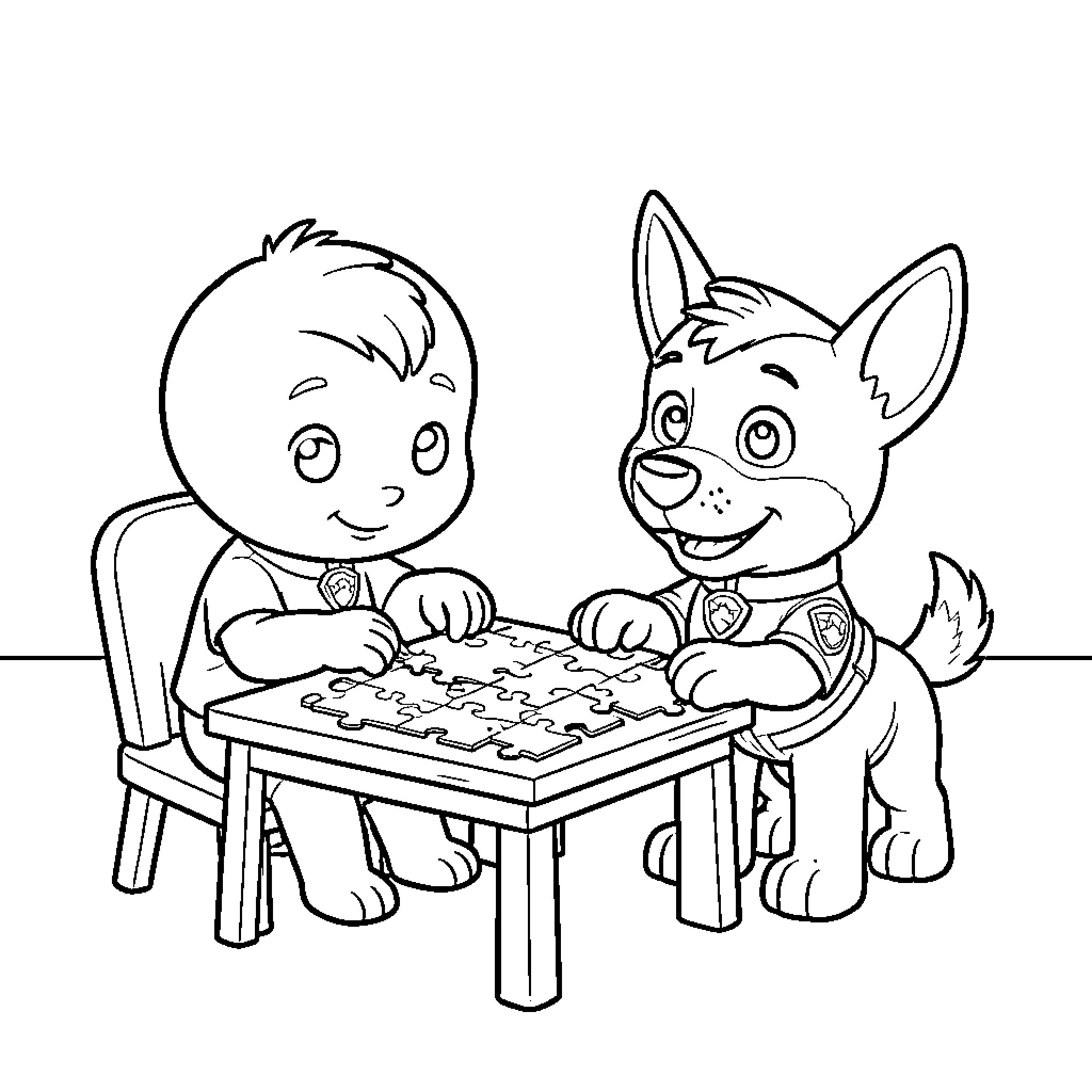 Tchoupi and a puppy solving a puzzle together Coloring Page (free black-and-white line drawing printable PDF for all, from beginners to advanced learners, including children, teens, adults, and seniors)