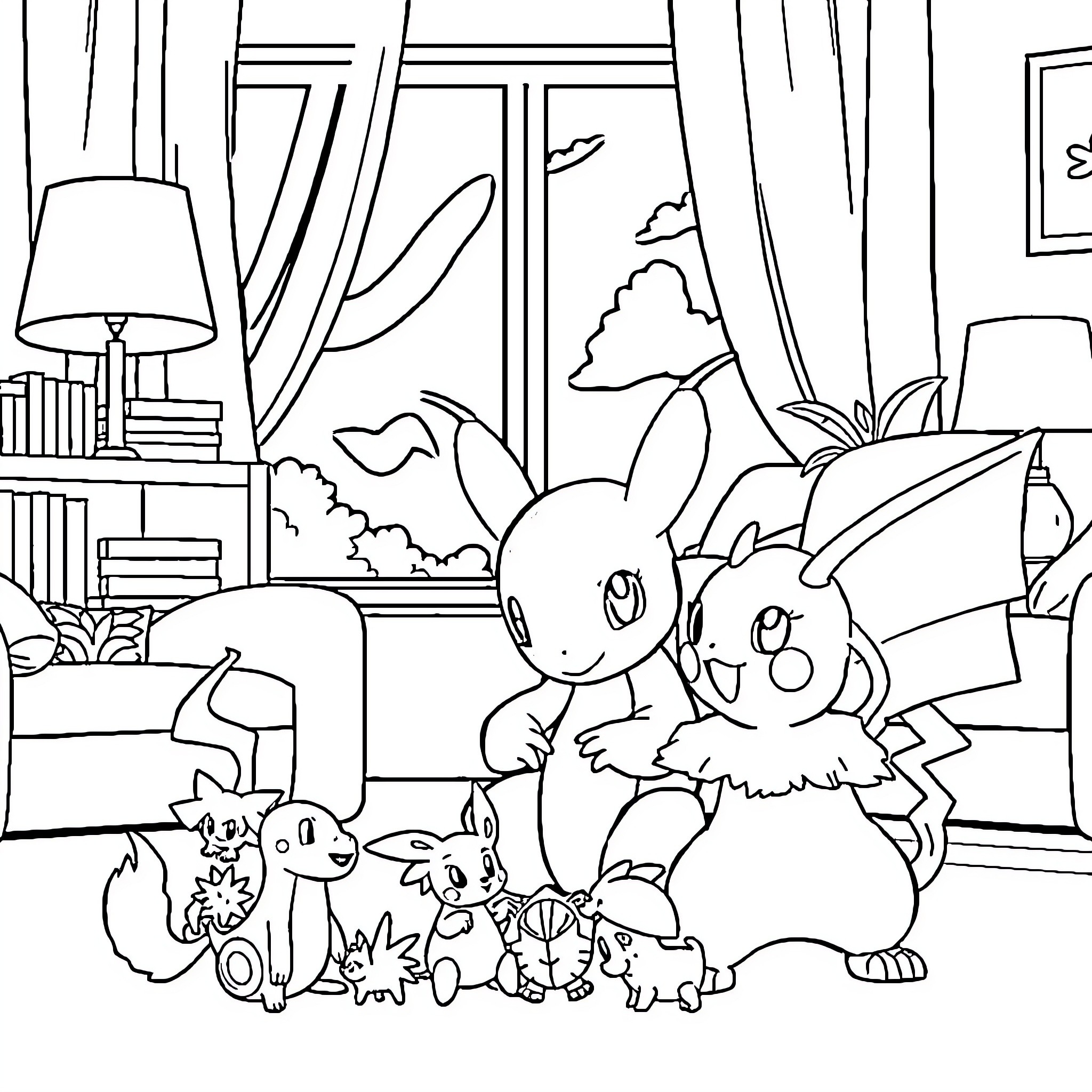 Bluey and friends playing in the living room Coloring Page (free black-and-white line drawing printable PDF for all, from beginners to advanced learners, including children, teens, adults, and seniors)