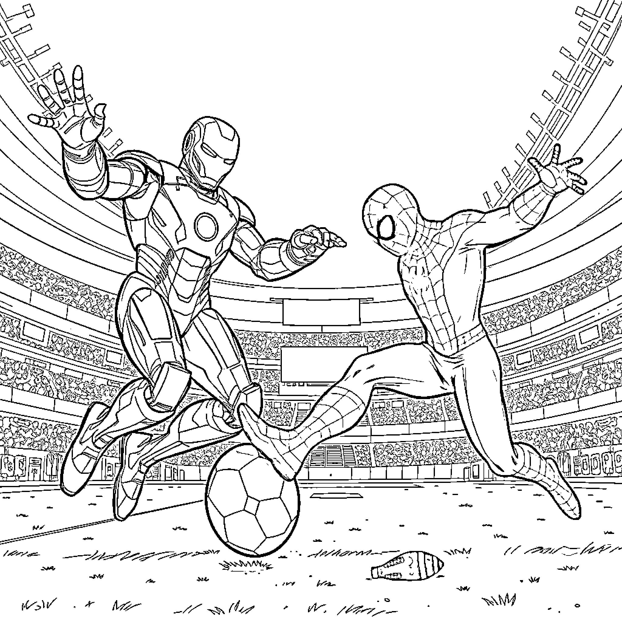 Spider-Man and Iron Man playing soccer in the stadium Coloring Page (free black-and-white line drawing printable PDF for all, from beginners to advanced learners, including children, teens, adults, and seniors)