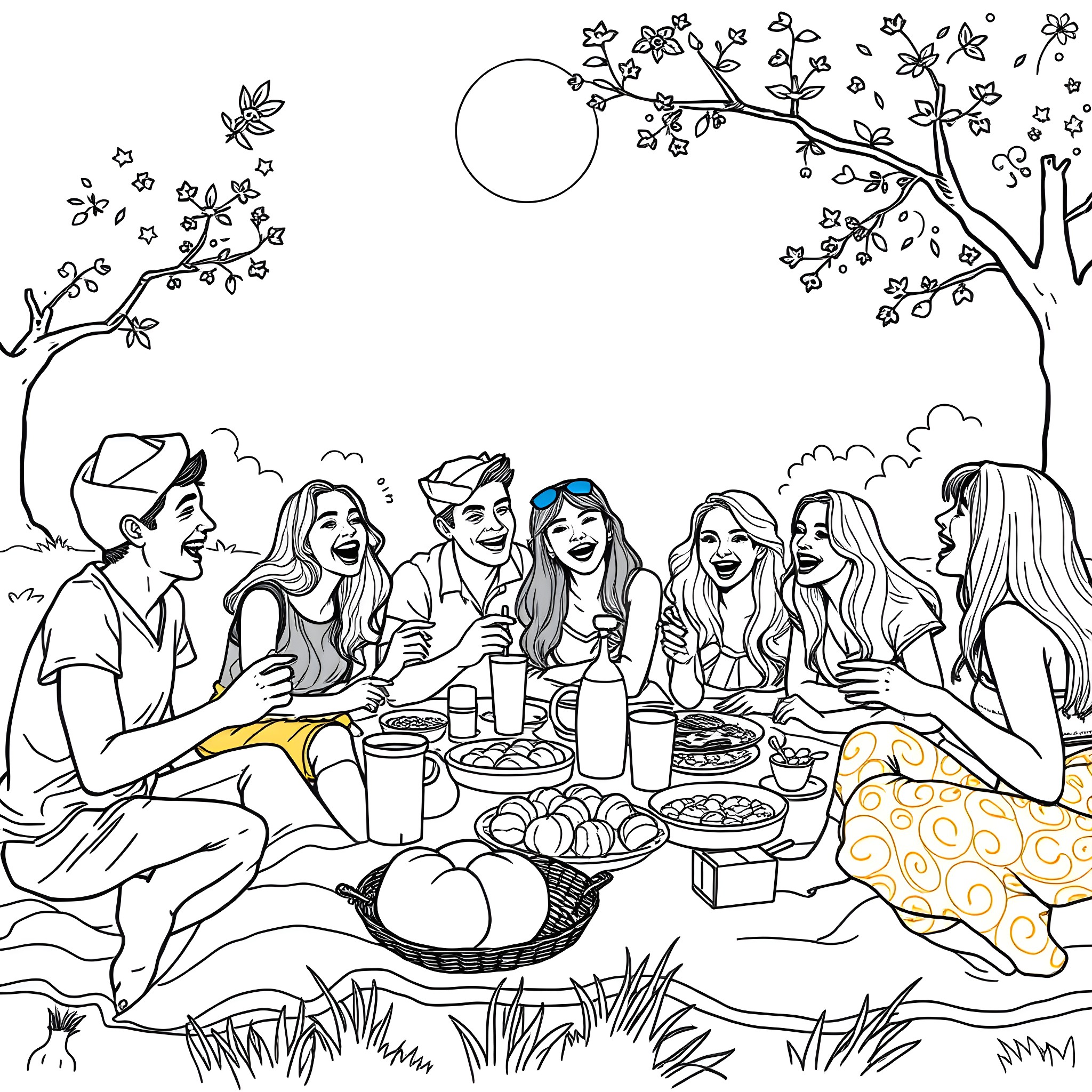 Girl friends enjoying outdoor picnic under blooming tree Coloring Page (free black-and-white line drawing printable PDF for all, from beginners to advanced learners, including children, teens, adults, and seniors)