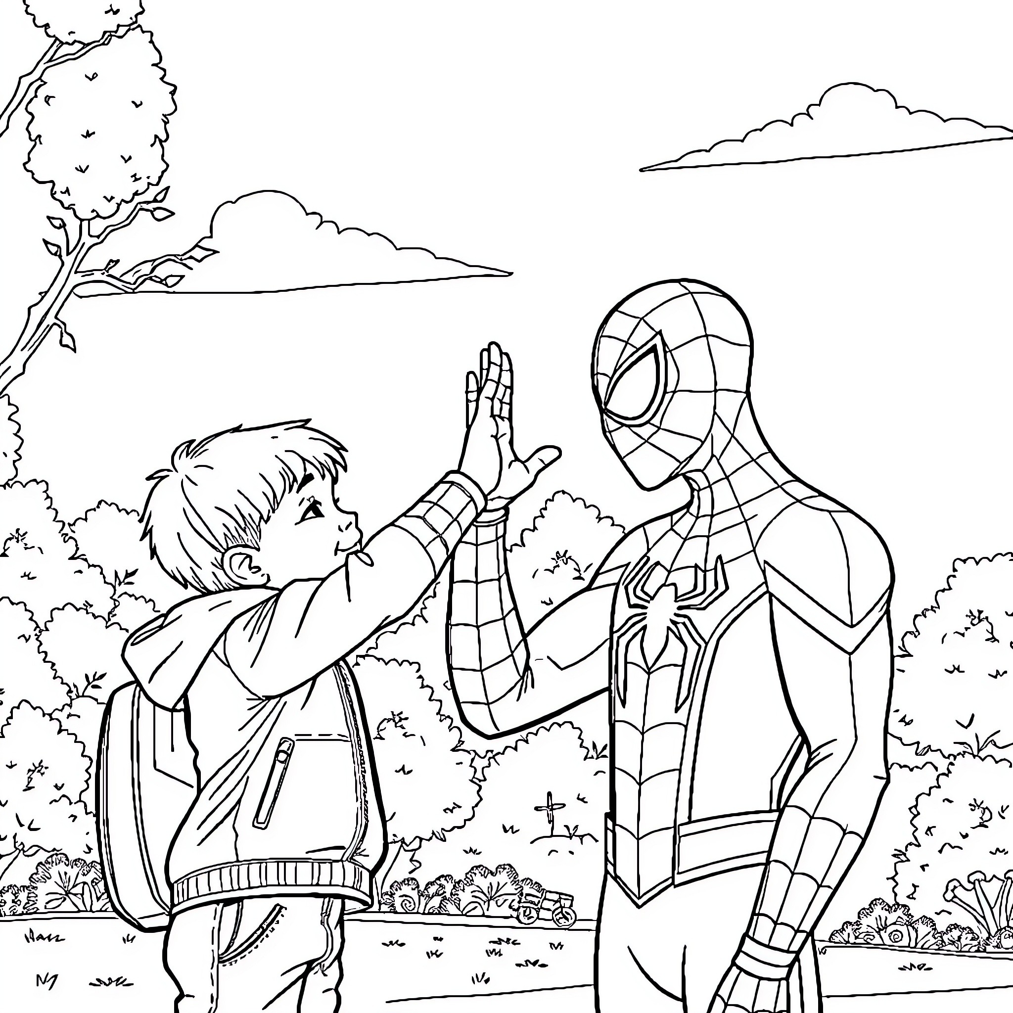 Spiderman meets a young fan in the park Coloring Page (free black-and-white line drawing printable PDF for all, from beginners to advanced learners, including children, teens, adults, and seniors)