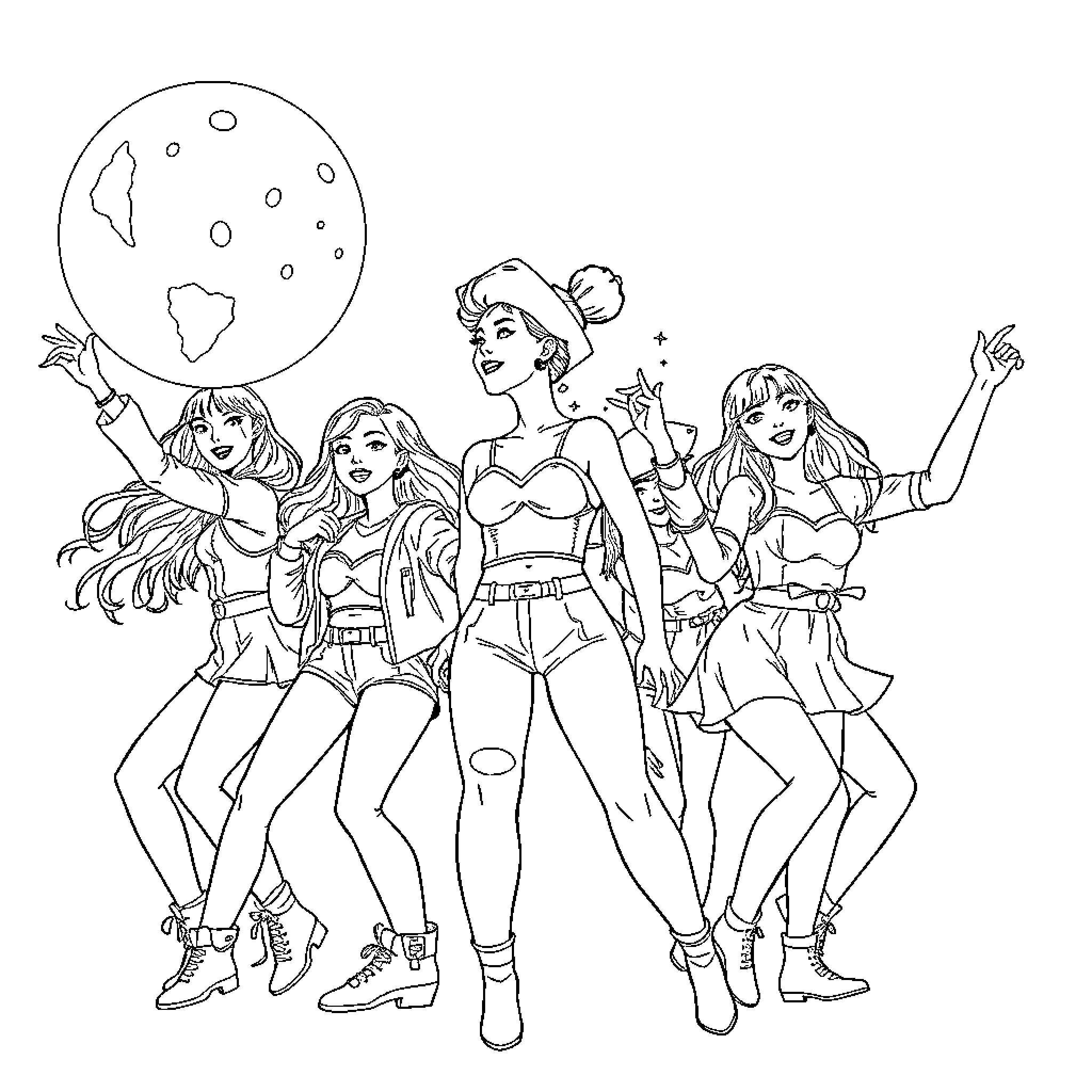 Girl Group Celebrating Under the Moon Coloring Page (free black-and-white line drawing printable PDF for all, from beginners to advanced learners, including children, teens, adults, and seniors)