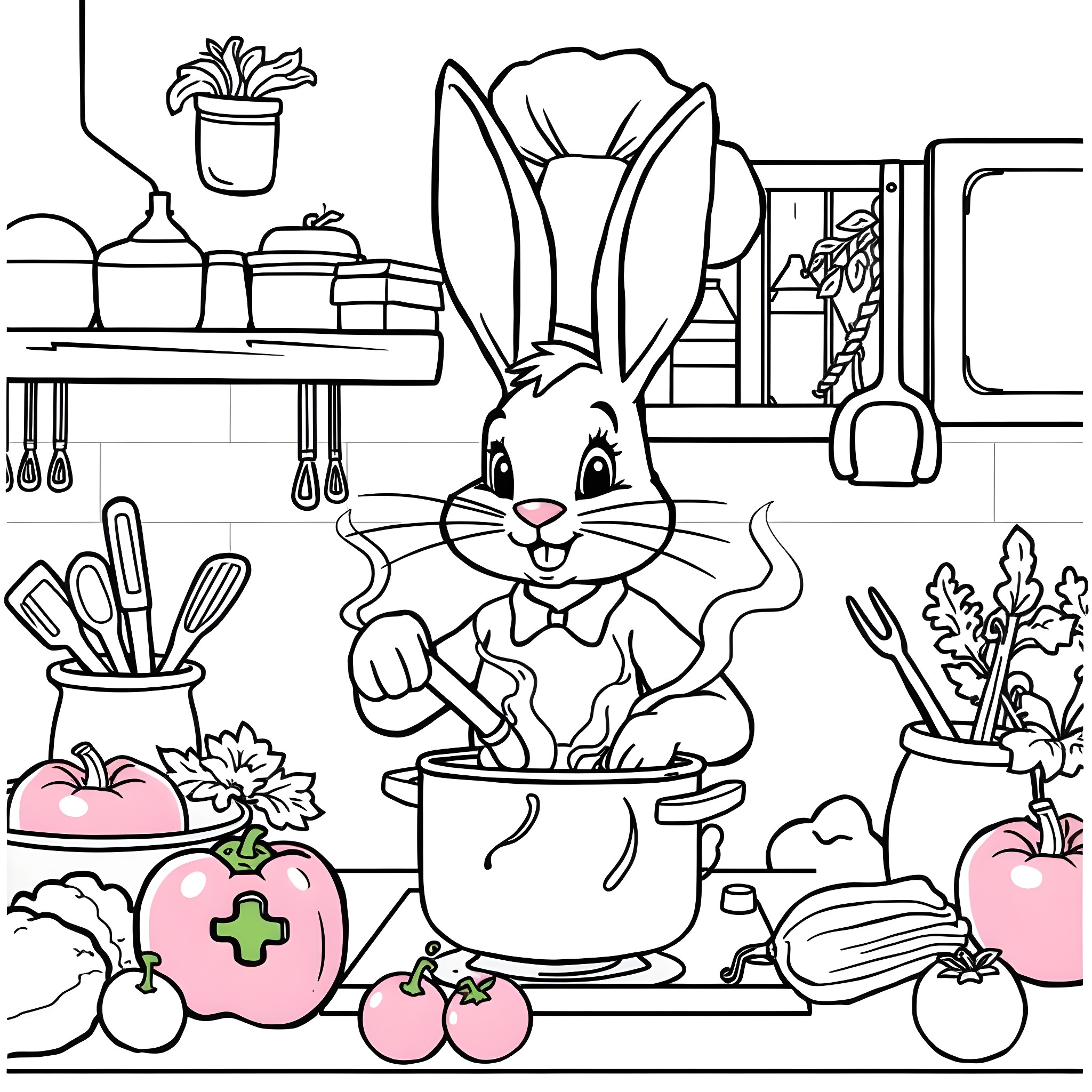 Bunny chef cooking in the kitchen Coloring Page (free black-and-white line drawing printable PDF for all, from beginners to advanced learners, including children, teens, adults, and seniors)