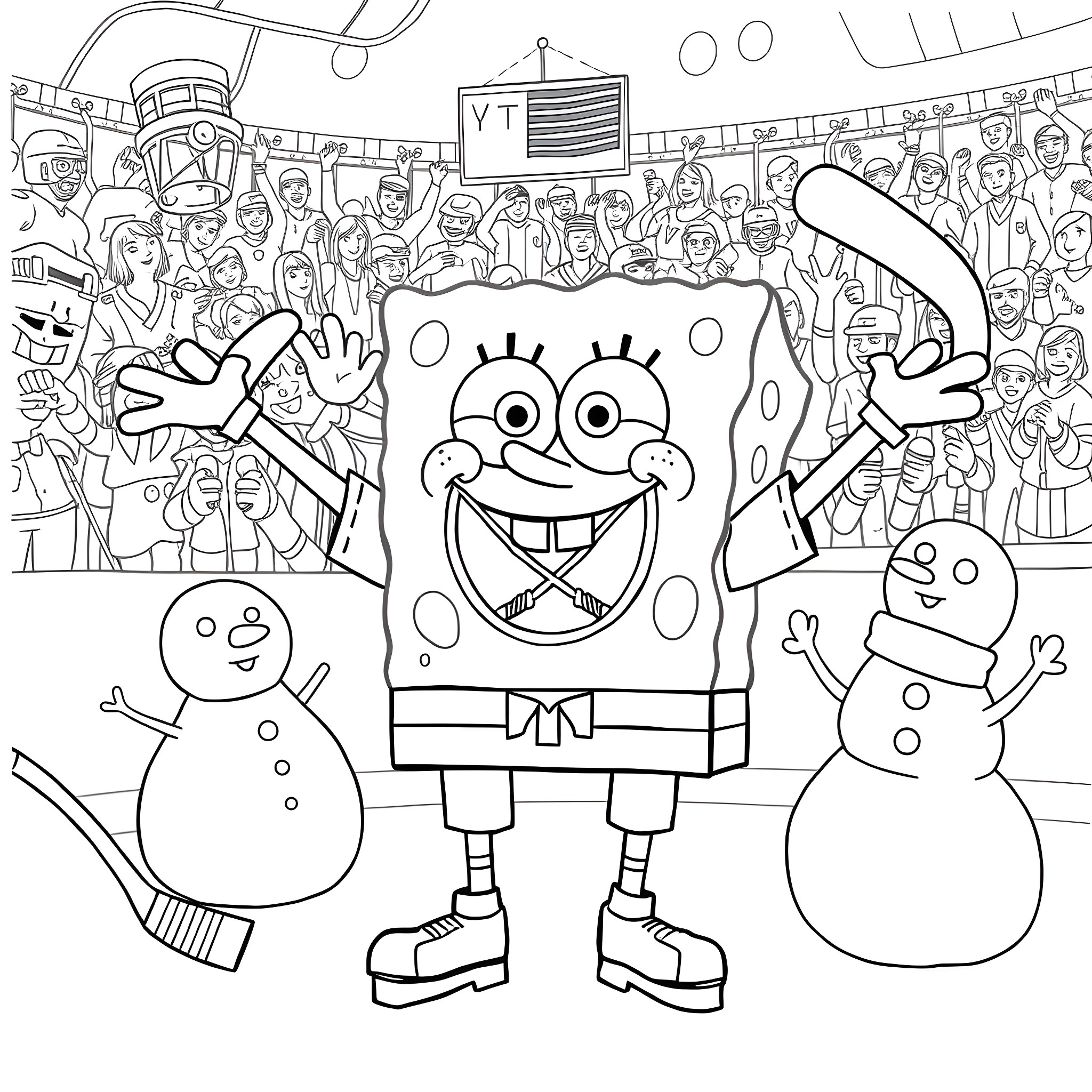 Spongebob celebrating with friends and snowmen Coloring Page (free black-and-white line drawing printable PDF for all, from beginners to advanced learners, including children, teens, adults, and seniors)