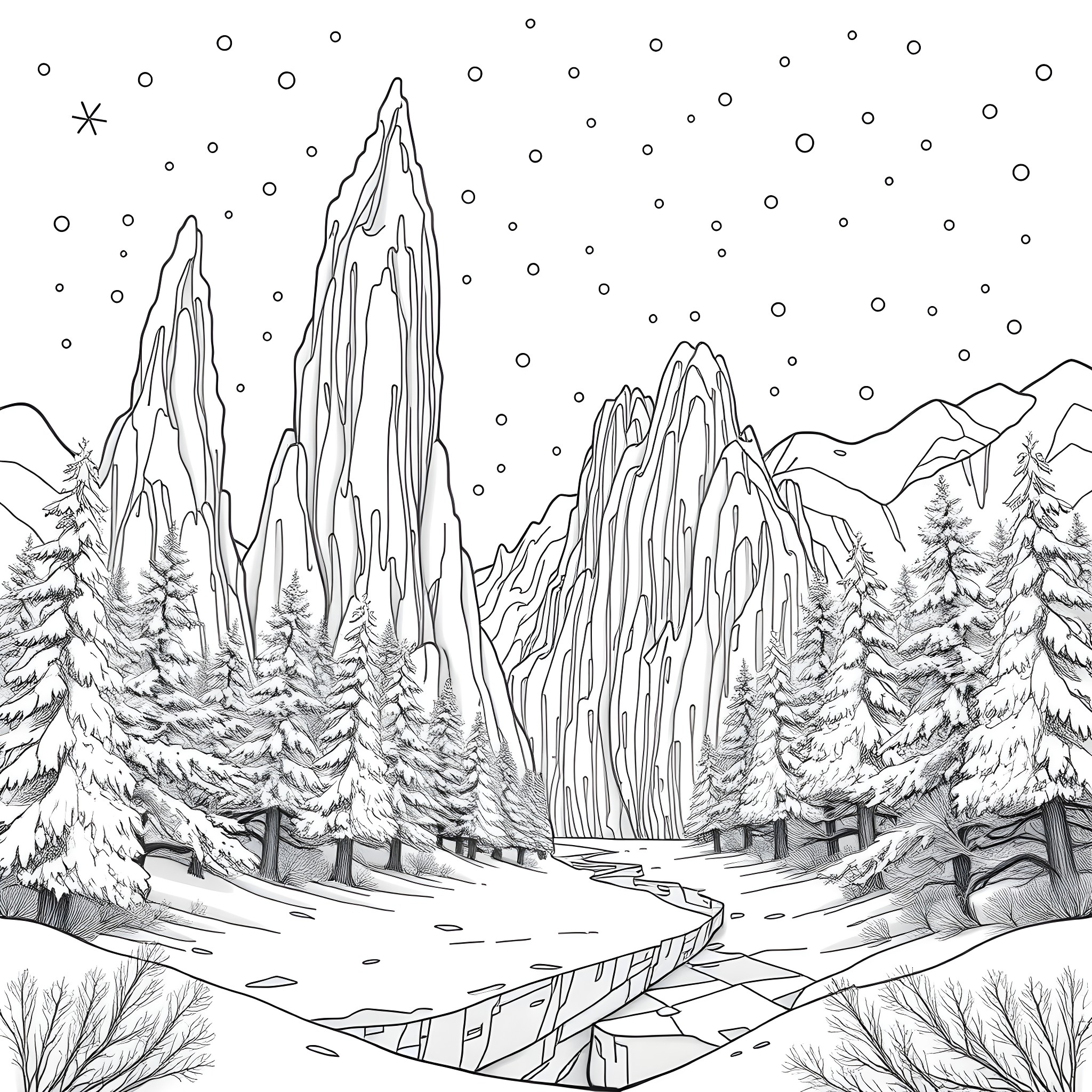 Frozen winter wonderland with towering mountains Coloring Page (free black-and-white line drawing printable PDF for all, from beginners to advanced learners, including children, teens, adults, and seniors)