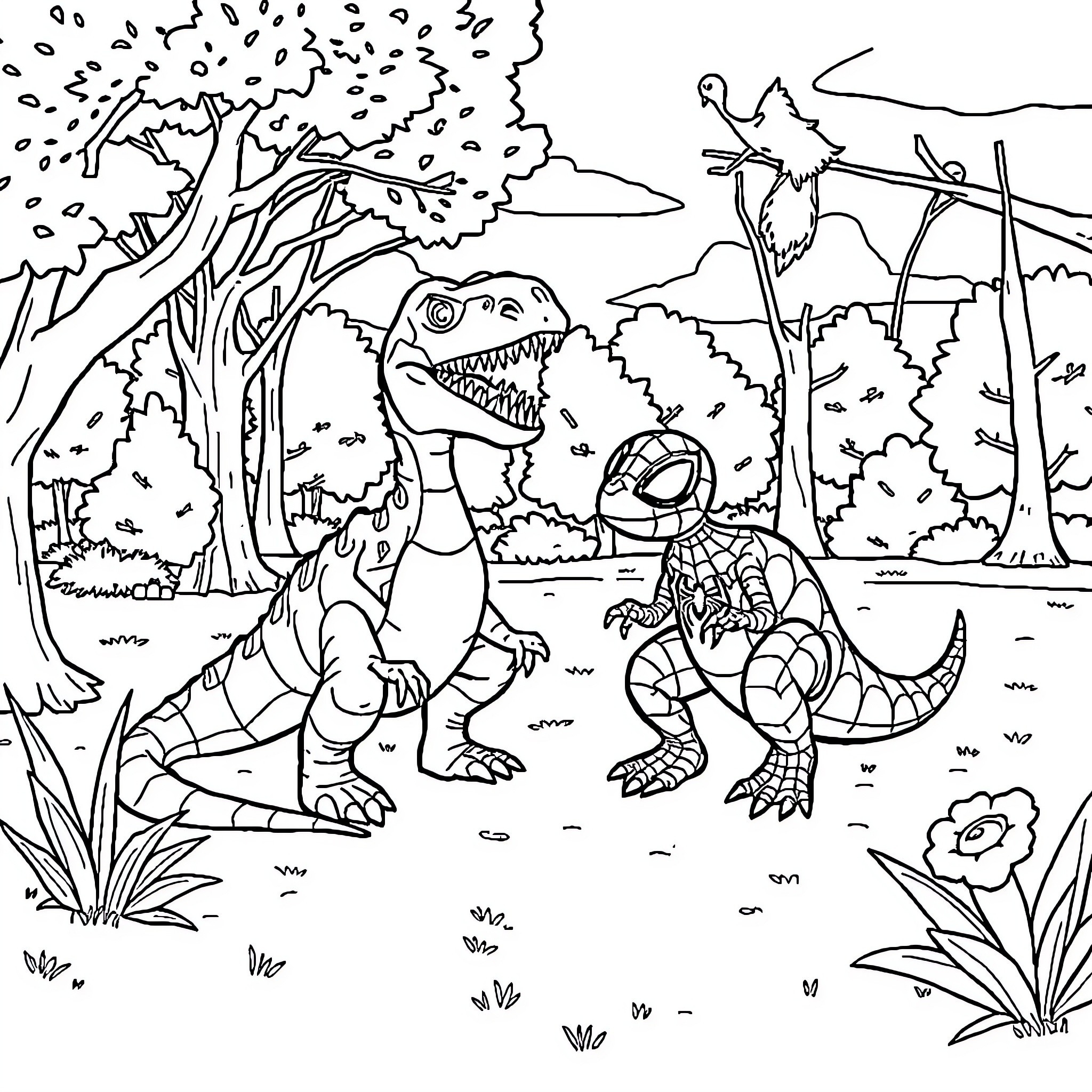 Dinosaurs in Prehistoric Jungle Landscape Coloring Page (free black-and-white line drawing printable PDF for all, from beginners to advanced learners, including children, teens, adults, and seniors)