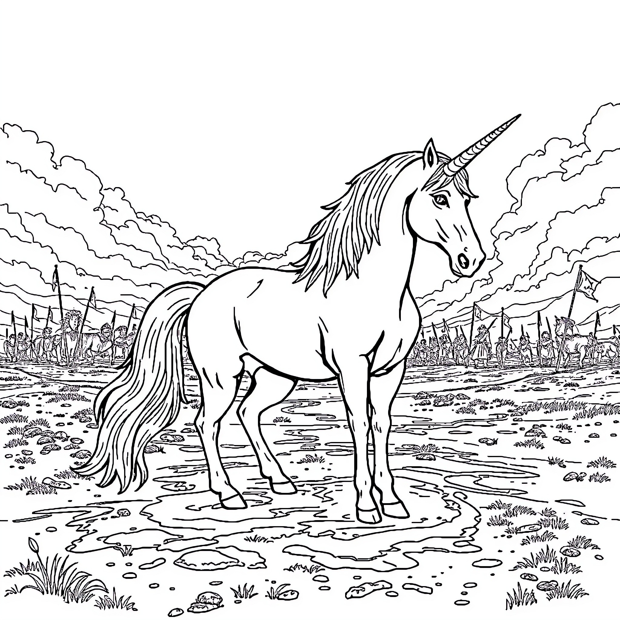 Unicorn Standing Proud in Magical Landscape Coloring Page (free black-and-white line drawing printable PDF for all, from beginners to advanced learners, including children, teens, adults, and seniors)