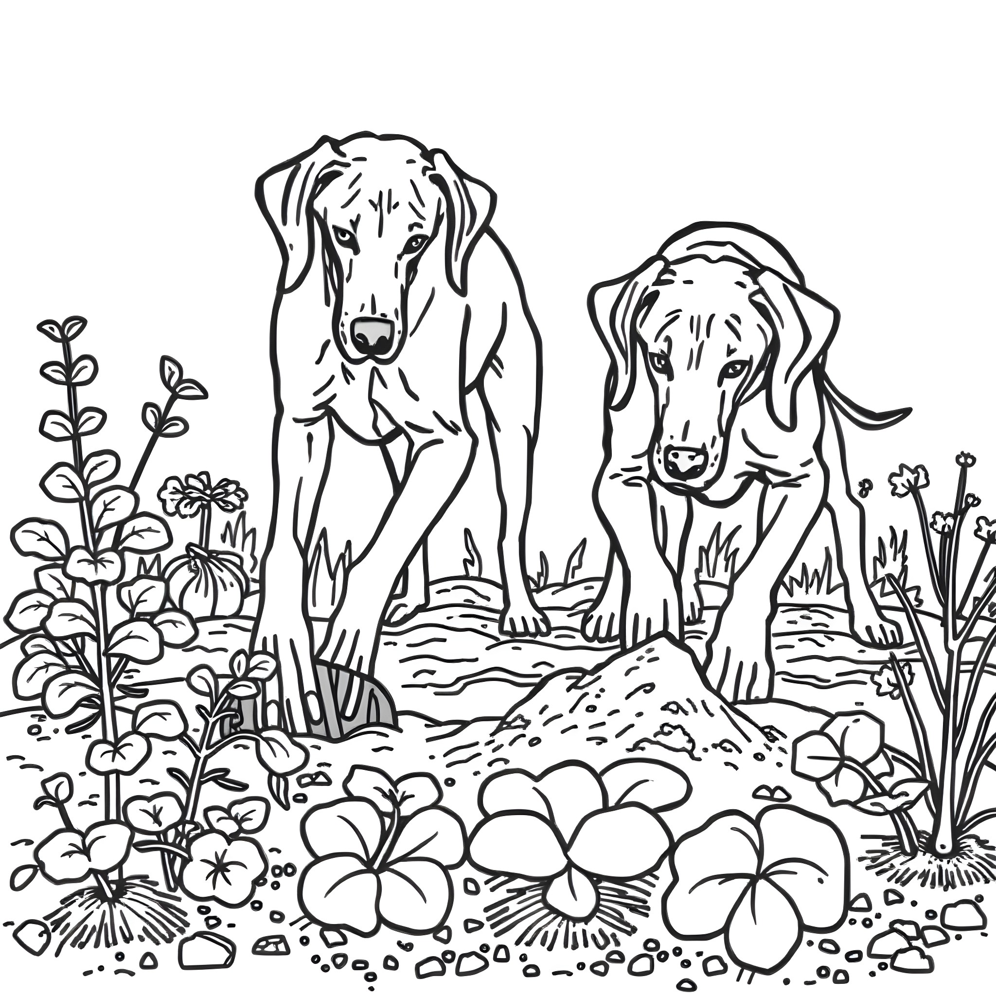 Weimaraner dogs playing in a floral garden Coloring Page (free black-and-white line drawing printable PDF for all, from beginners to advanced learners, including children, teens, adults, and seniors)
