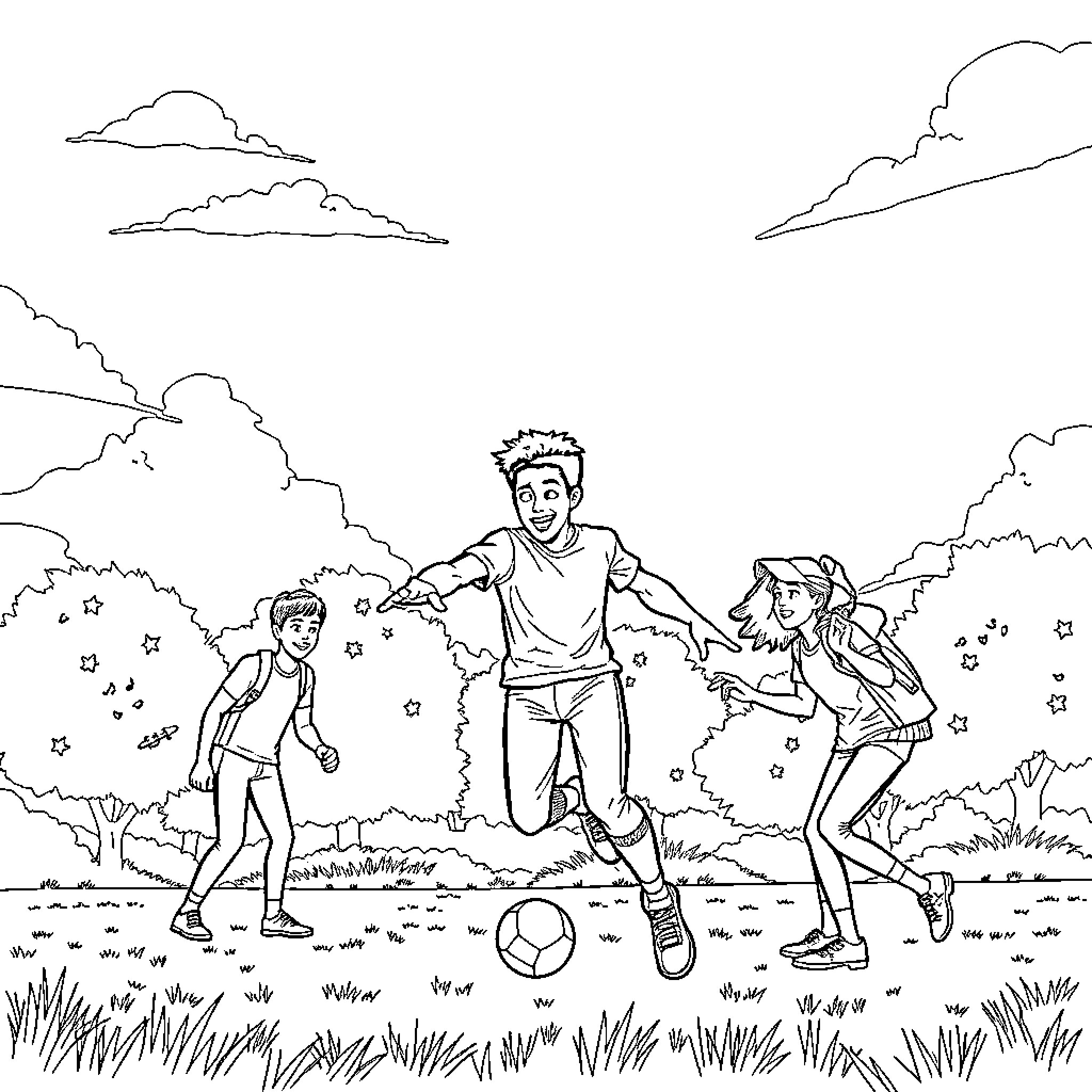 Miles Morales playing soccer with friends in the park Coloring Page (free black-and-white line drawing printable PDF for all, from beginners to advanced learners, including children, teens, adults, and seniors)