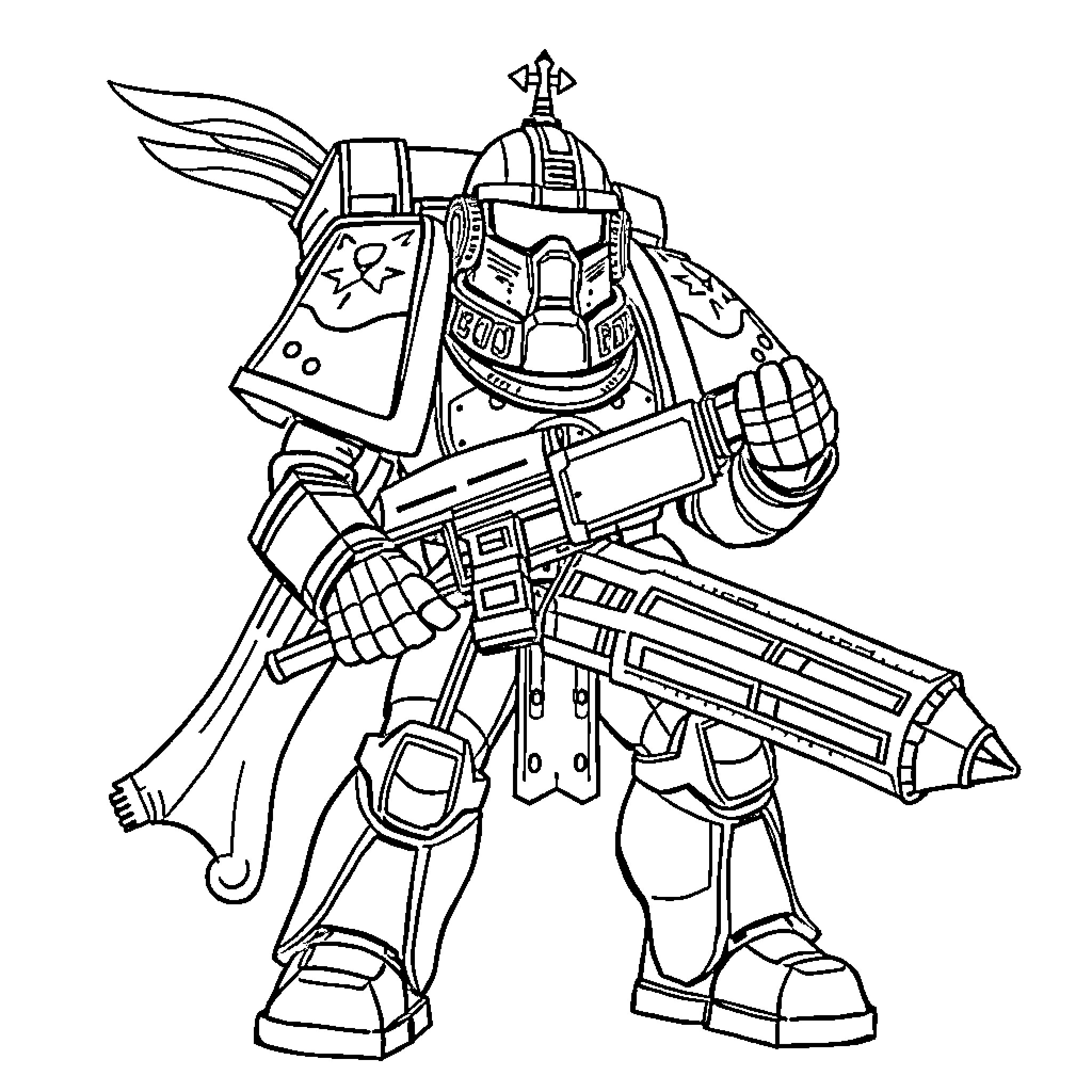 Warhammer Space Marine in Battle-Ready Pose Coloring Page (free black-and-white line drawing printable PDF for all, from beginners to advanced learners, including children, teens, adults, and seniors)