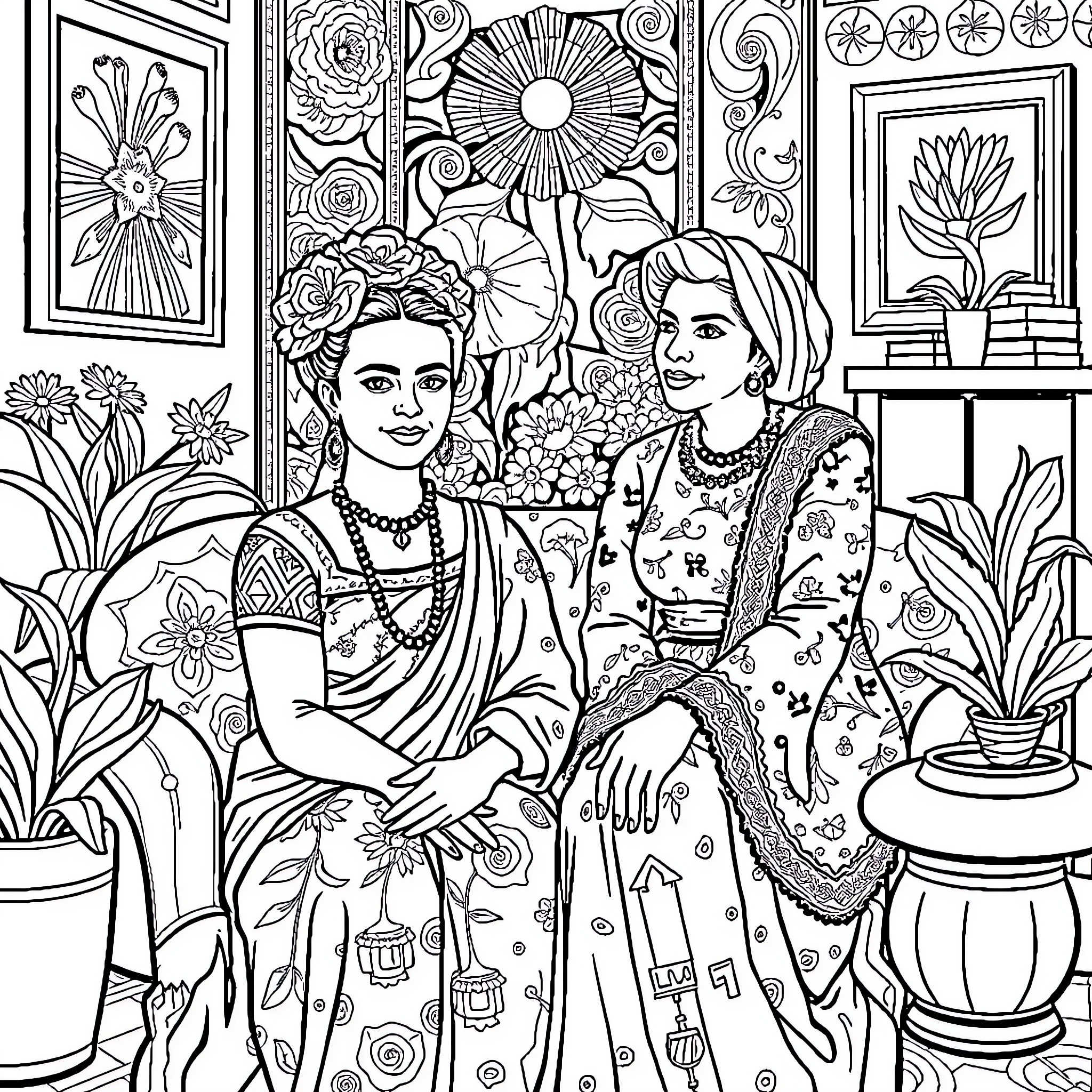 Frida Kahlo and Companions in Vibrant Artistic Setting Coloring Page (free black-and-white line drawing printable PDF for all, from beginners to advanced learners, including children, teens, adults, and seniors)
