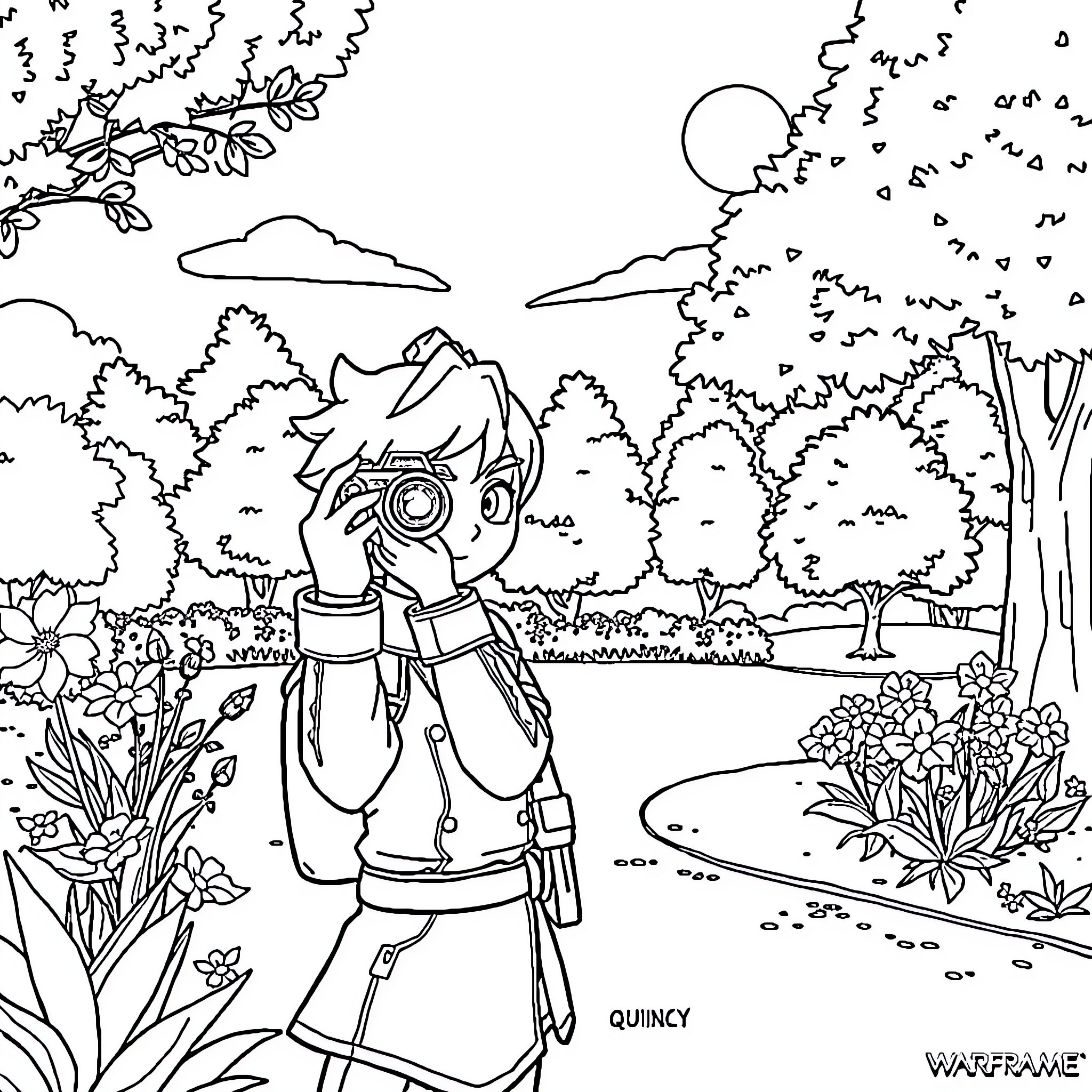 Quincy exploring the vibrant natural landscape Coloring Page (free black-and-white line drawing printable PDF for all, from beginners to advanced learners, including children, teens, adults, and seniors)