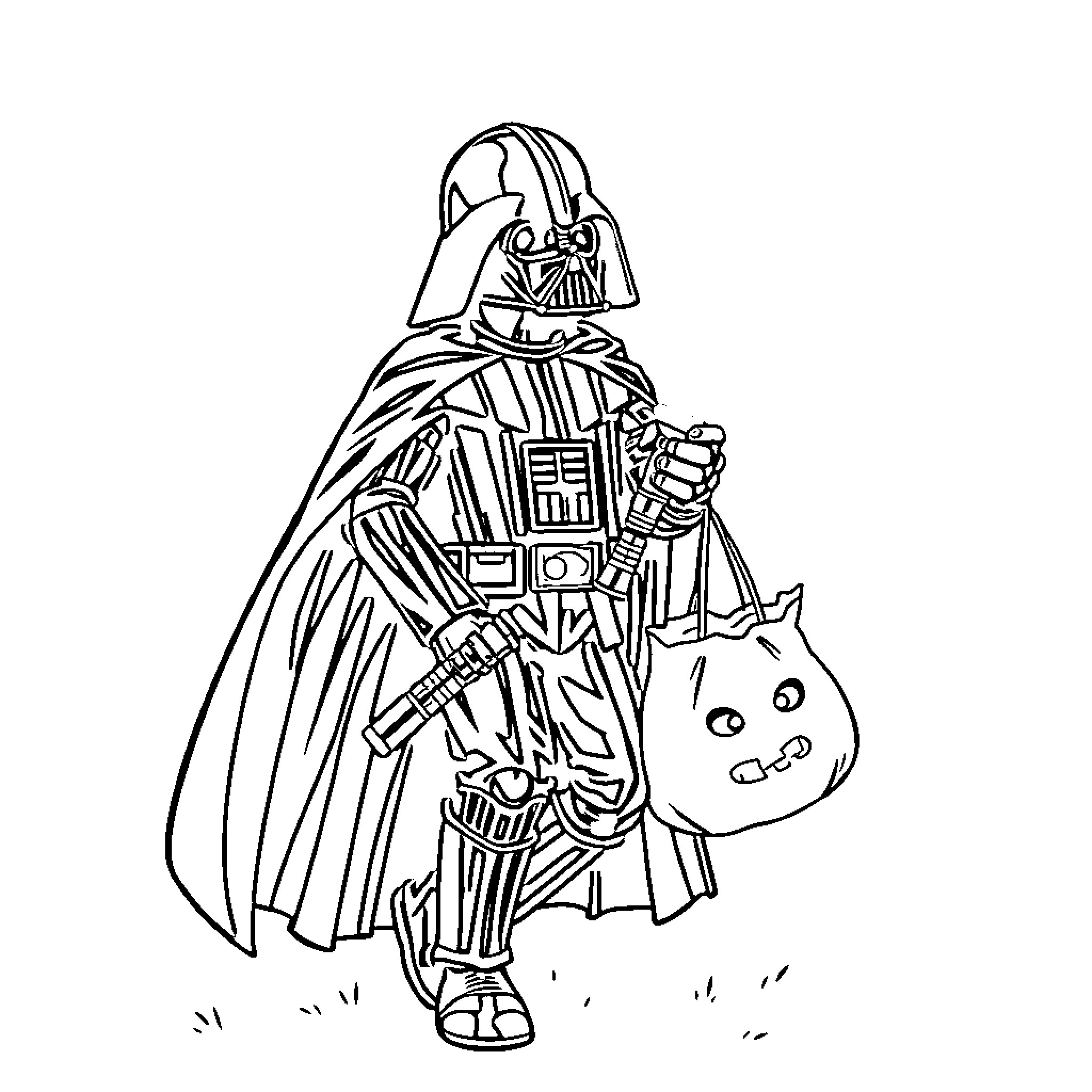 Darth Vader wielding lightsaber and carrying bag Coloring Page (free black-and-white line drawing printable PDF for all, from beginners to advanced learners, including children, teens, adults, and seniors)