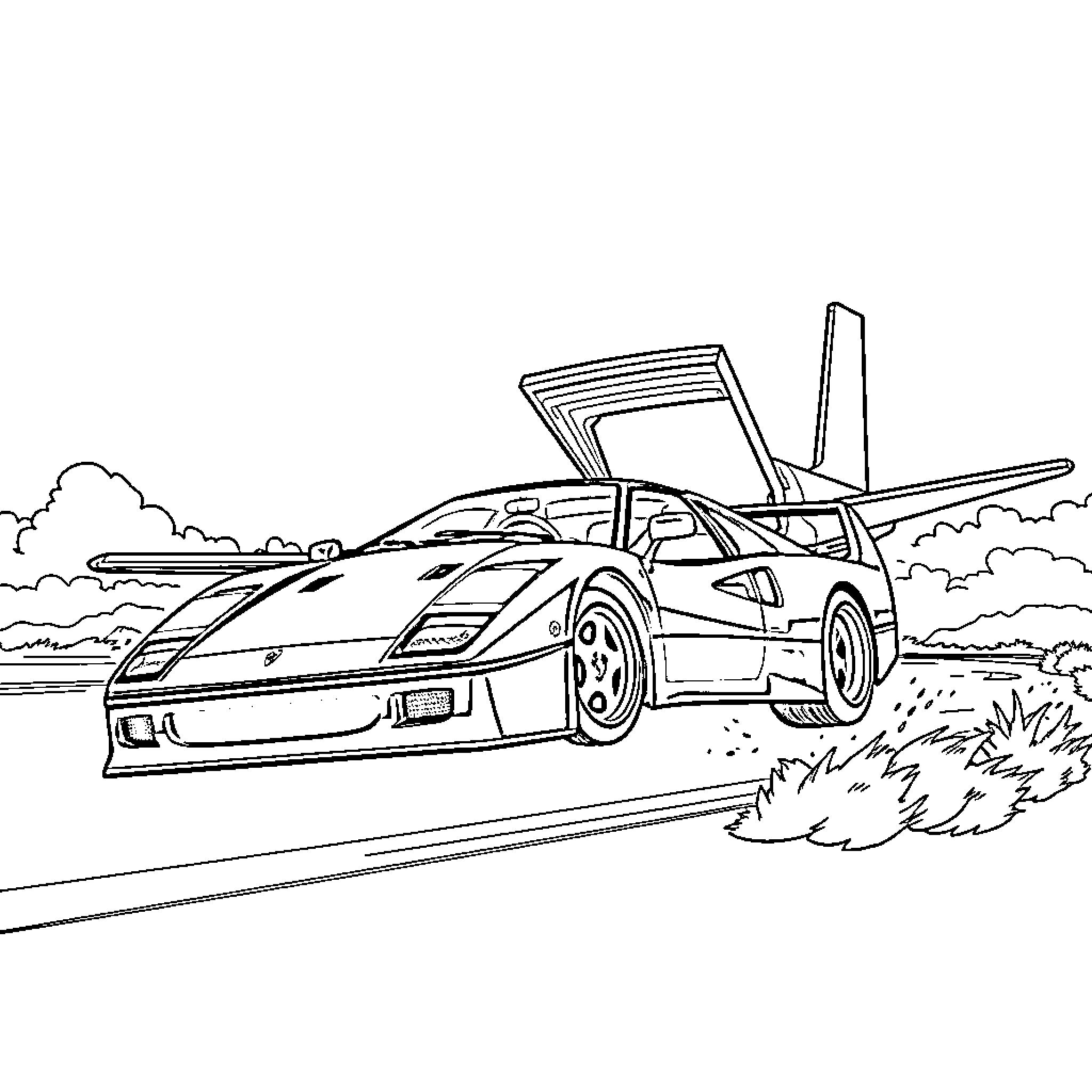Ferrari Supercar Speeding Down Country Road Coloring Page (free black-and-white line drawing printable PDF for all, from beginners to advanced learners, including children, teens, adults, and seniors)