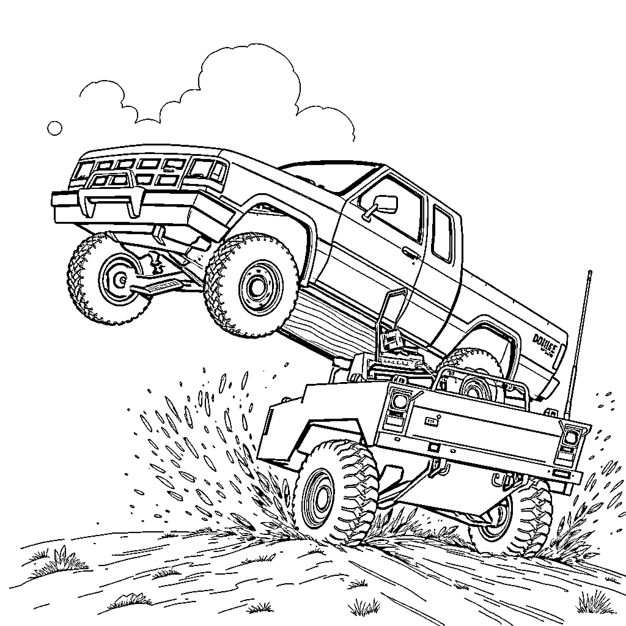 Dodge Truck Jumping over Obstacles on Rugged Trail Coloring Page (free black-and-white line drawing printable PDF for all, from beginners to advanced learners, including children, teens, adults, and seniors)