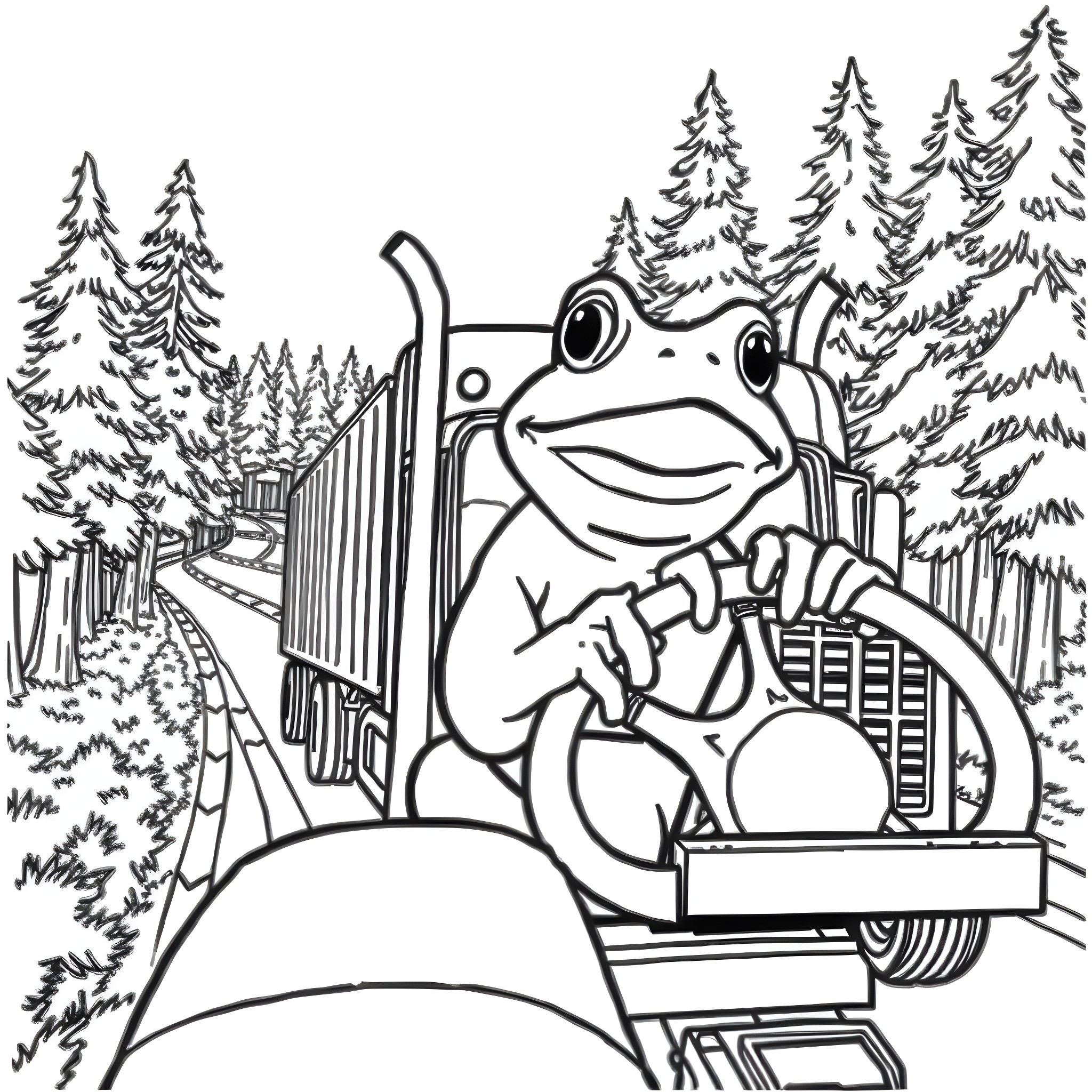 Frog riding a train through the forest Coloring Page (free black-and-white line drawing printable PDF for all, from beginners to advanced learners, including children, teens, adults, and seniors)