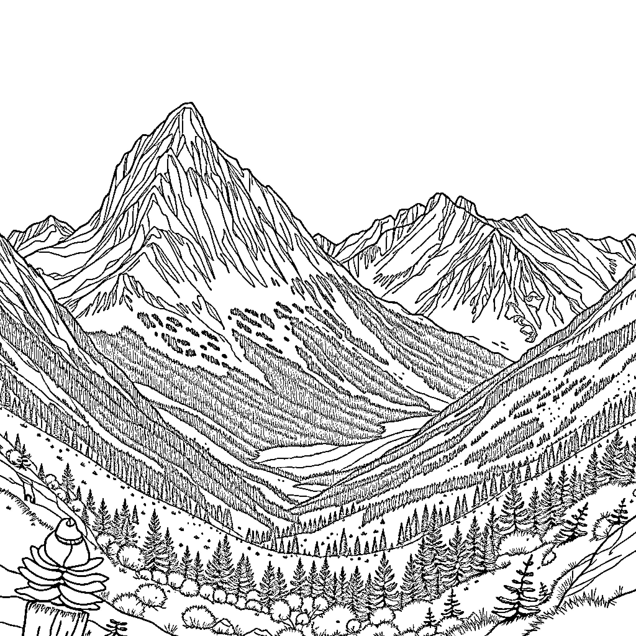 Mountain Landscape with Rugged Peaks and Forested Valley Coloring Page (free black-and-white line drawing printable PDF for all, from beginners to advanced learners, including children, teens, adults, and seniors)