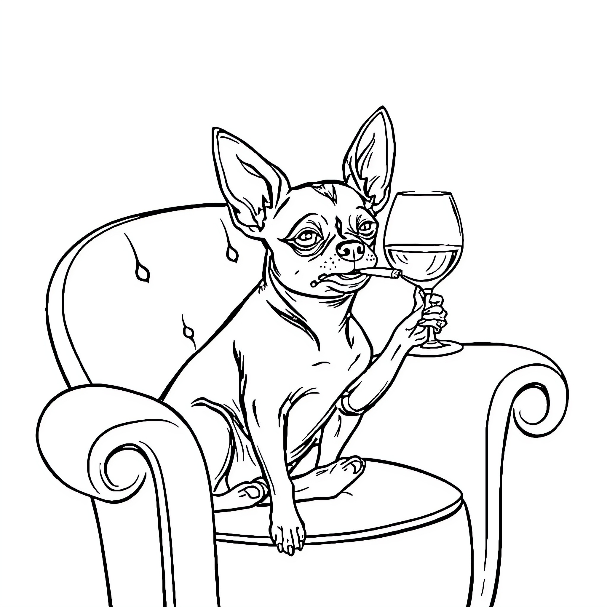 Chihuahua relaxing with a glass of wine Coloring Page (free black-and-white line drawing printable PDF for all, from beginners to advanced learners, including children, teens, adults, and seniors)