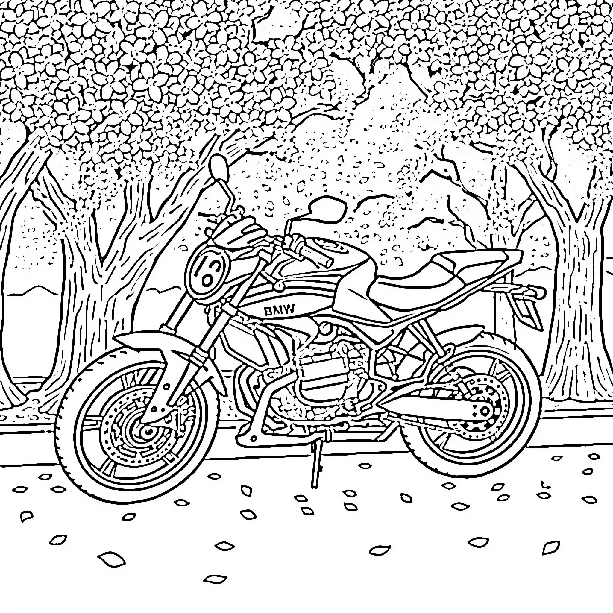 BMW Motorcycle in a Scenic Forest Environment Coloring Page (free black-and-white line drawing printable PDF for all, from beginners to advanced learners, including children, teens, adults, and seniors)