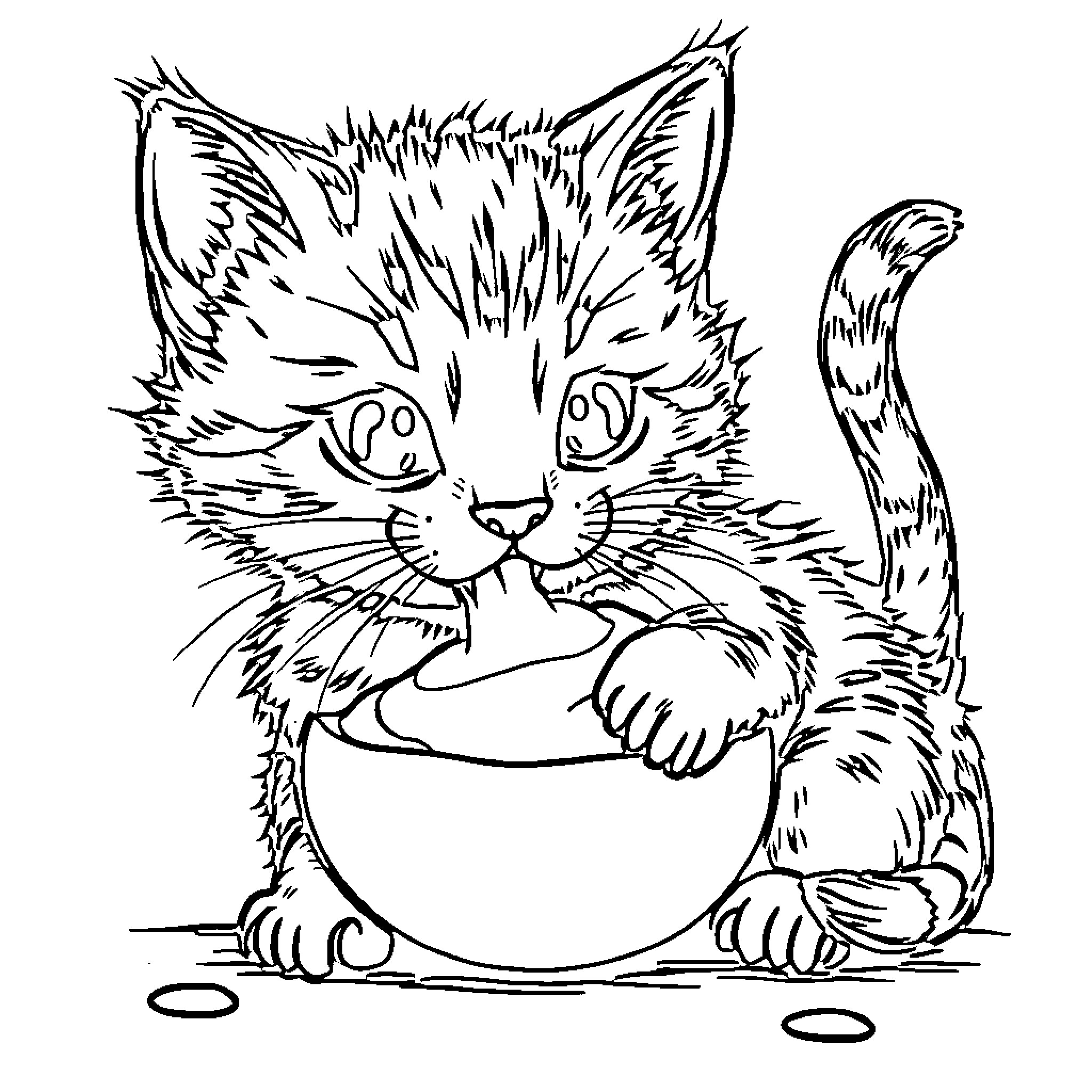 Cat playing with toy in a bowl Coloring Page (free black-and-white line drawing printable PDF for all, from beginners to advanced learners, including children, teens, adults, and seniors)