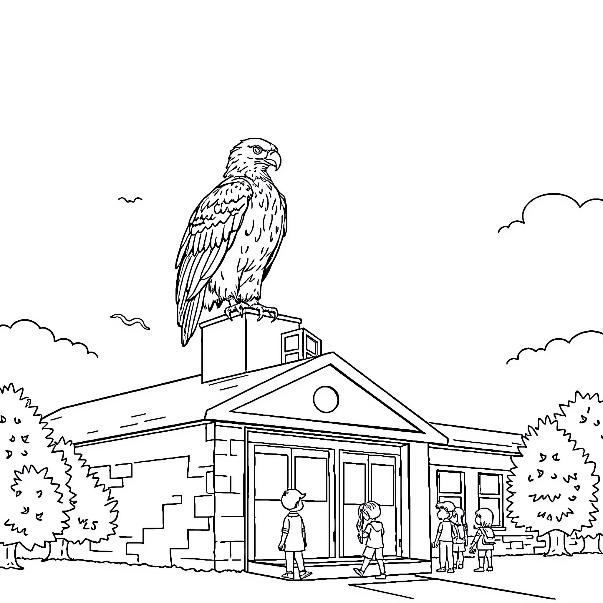 Eagle perched atop a building, observing passersby Coloring Page (free black-and-white line drawing printable PDF for all, from beginners to advanced learners, including children, teens, adults, and seniors)